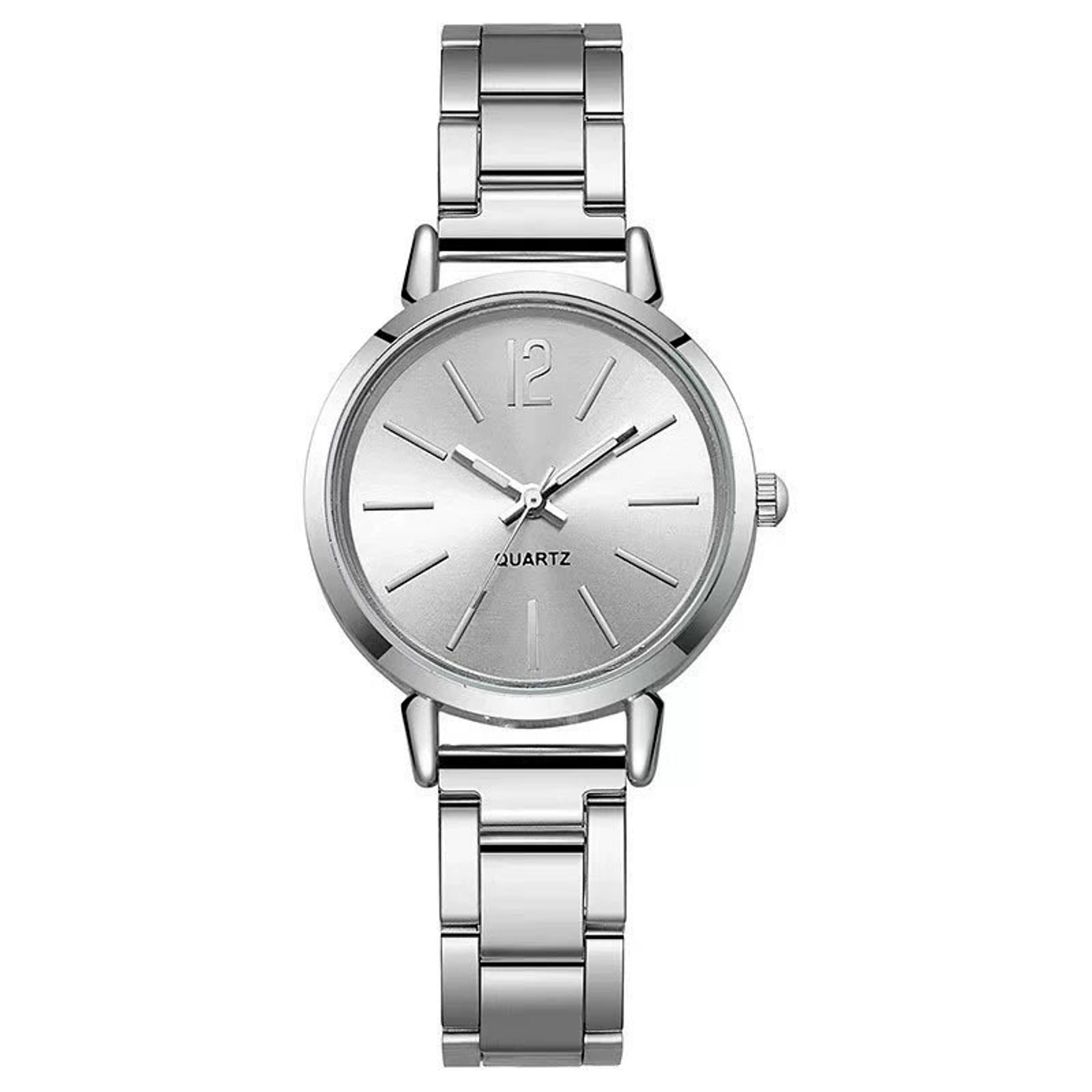 2 piece womens quartz watch and bracelet set with small round dial and stainless steel band