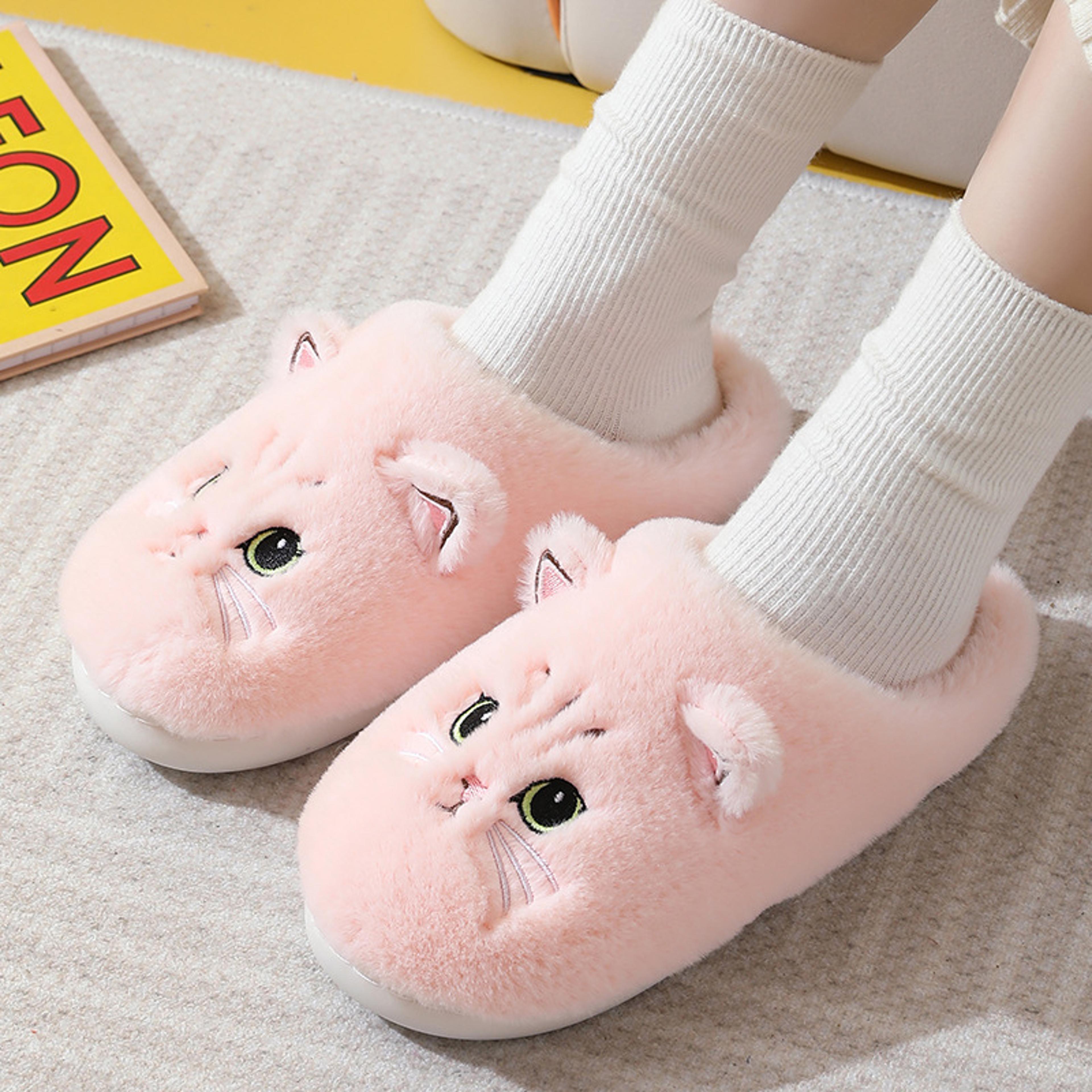 women's plush cat slippers with non-slip tpr sole and flannel upper