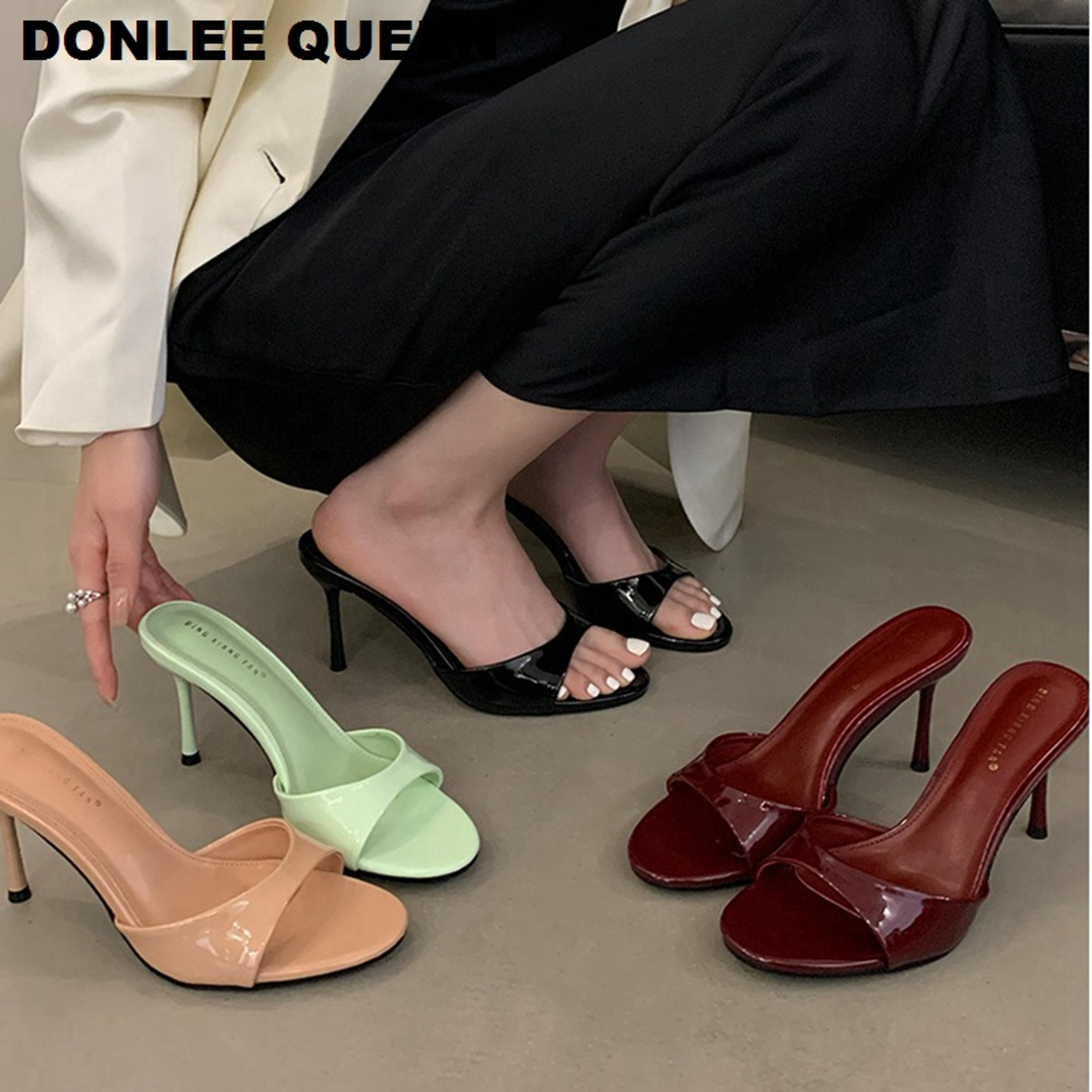 women's patent leather high heel slides with open toe and thin heel