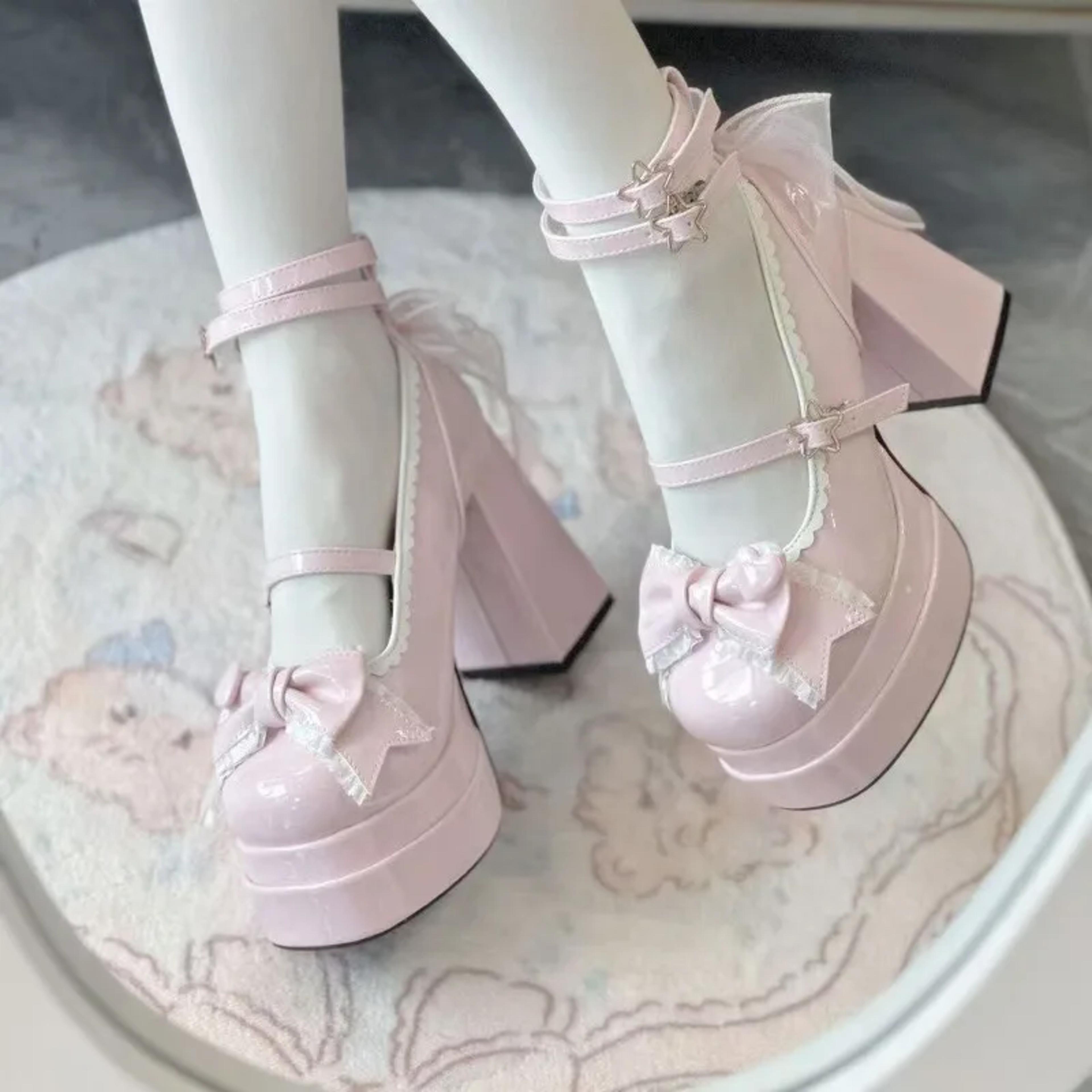 women's lolita platform pumps with square toe high heel and buckle