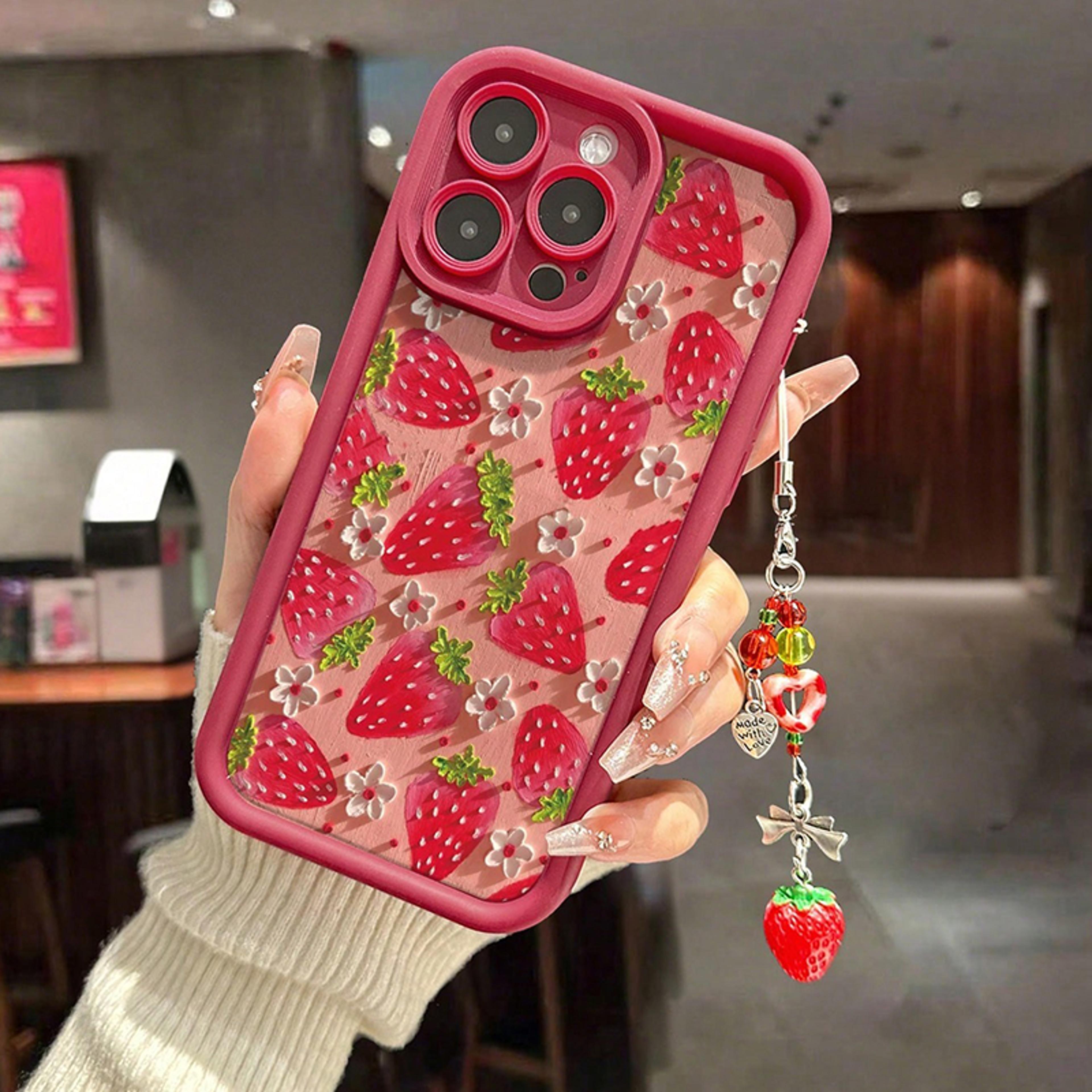 floral strawberry iphone case with pendant pc tpu protective cover