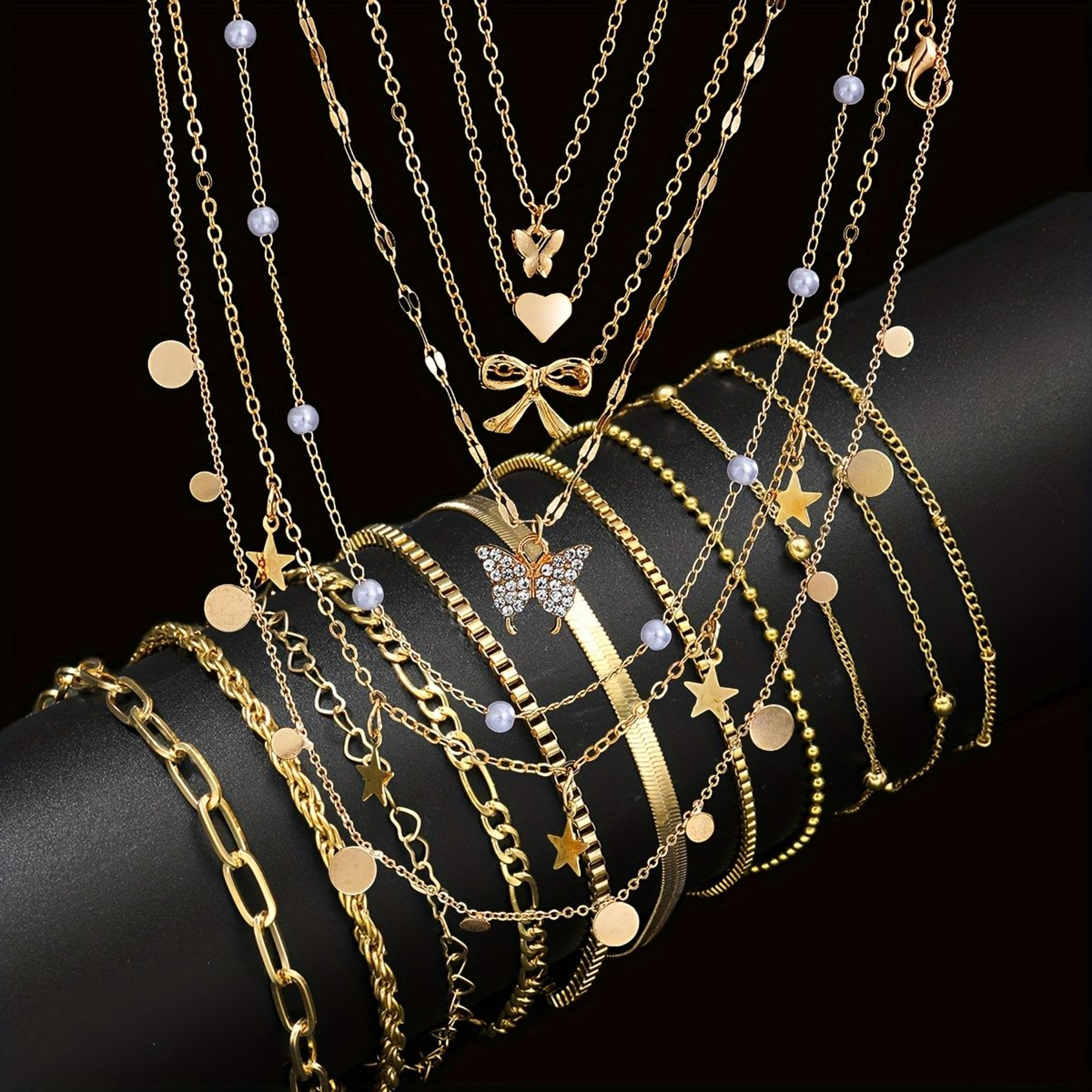 17-piece minimalist jewelry set with gold plated heart pendant necklaces and bracelets