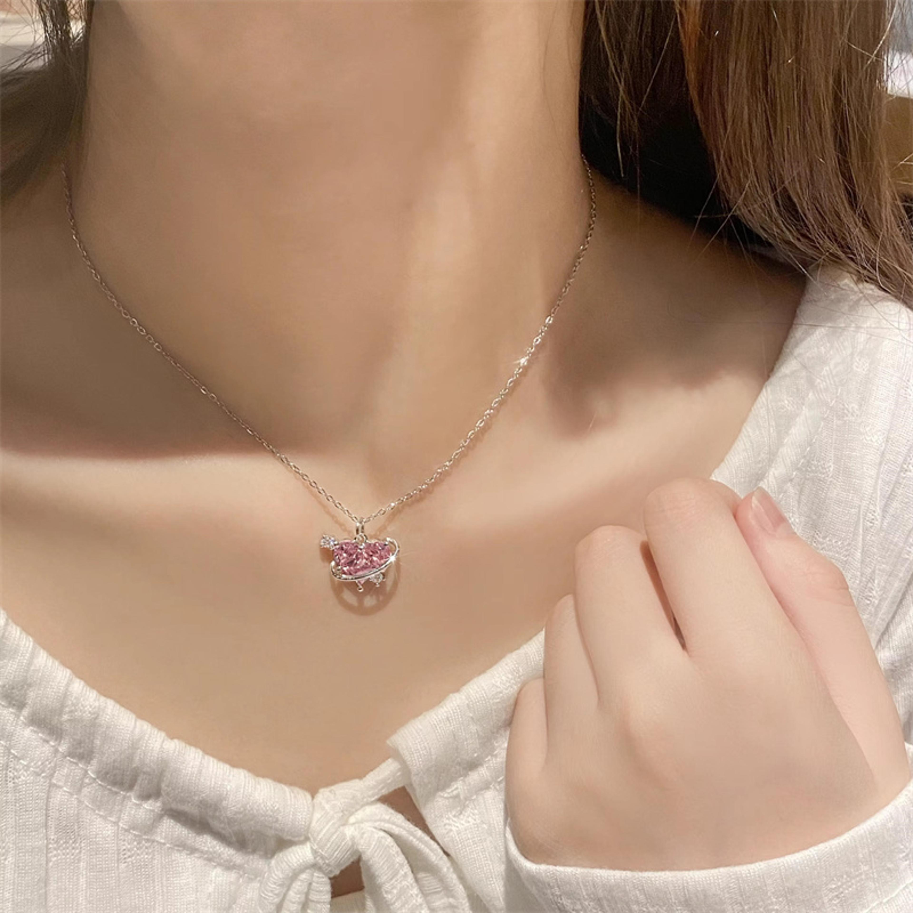 y2k pink planet heart zircon pendant necklace for women