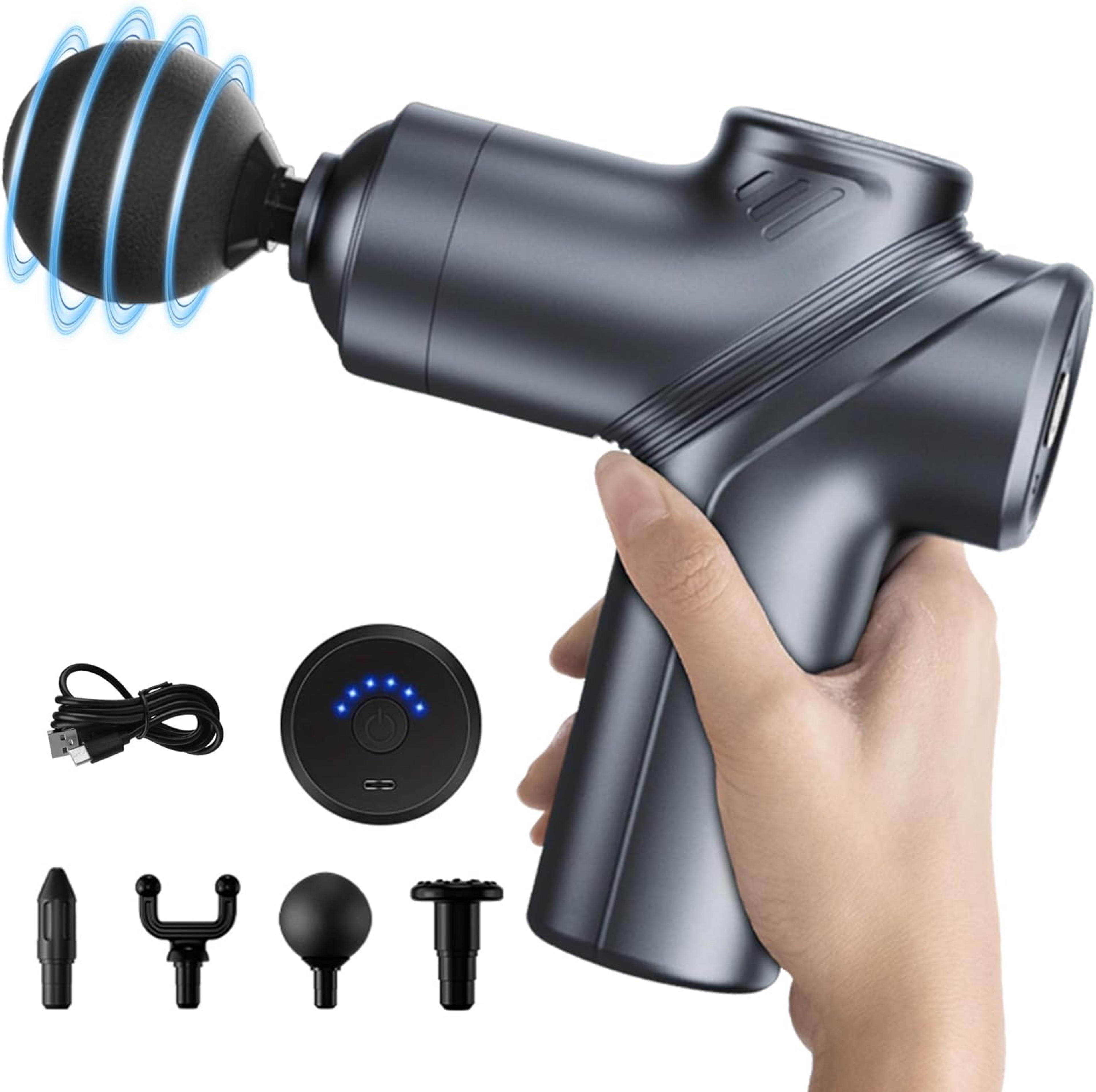 mini deep tissue massage gun with silent brushless motor and 4 massage heads