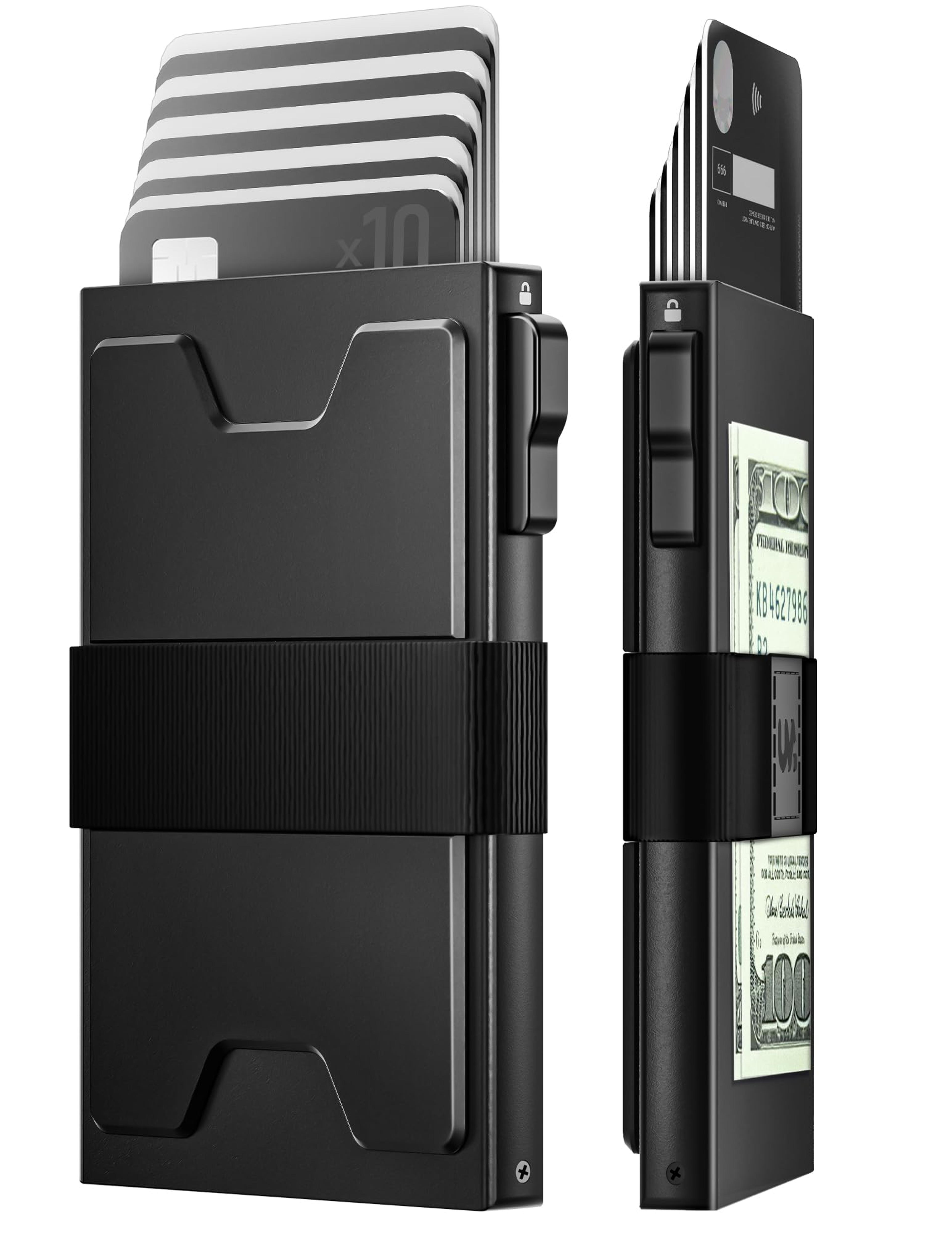 slim rfid blocking metal card holder wallet with pop up access and cash band