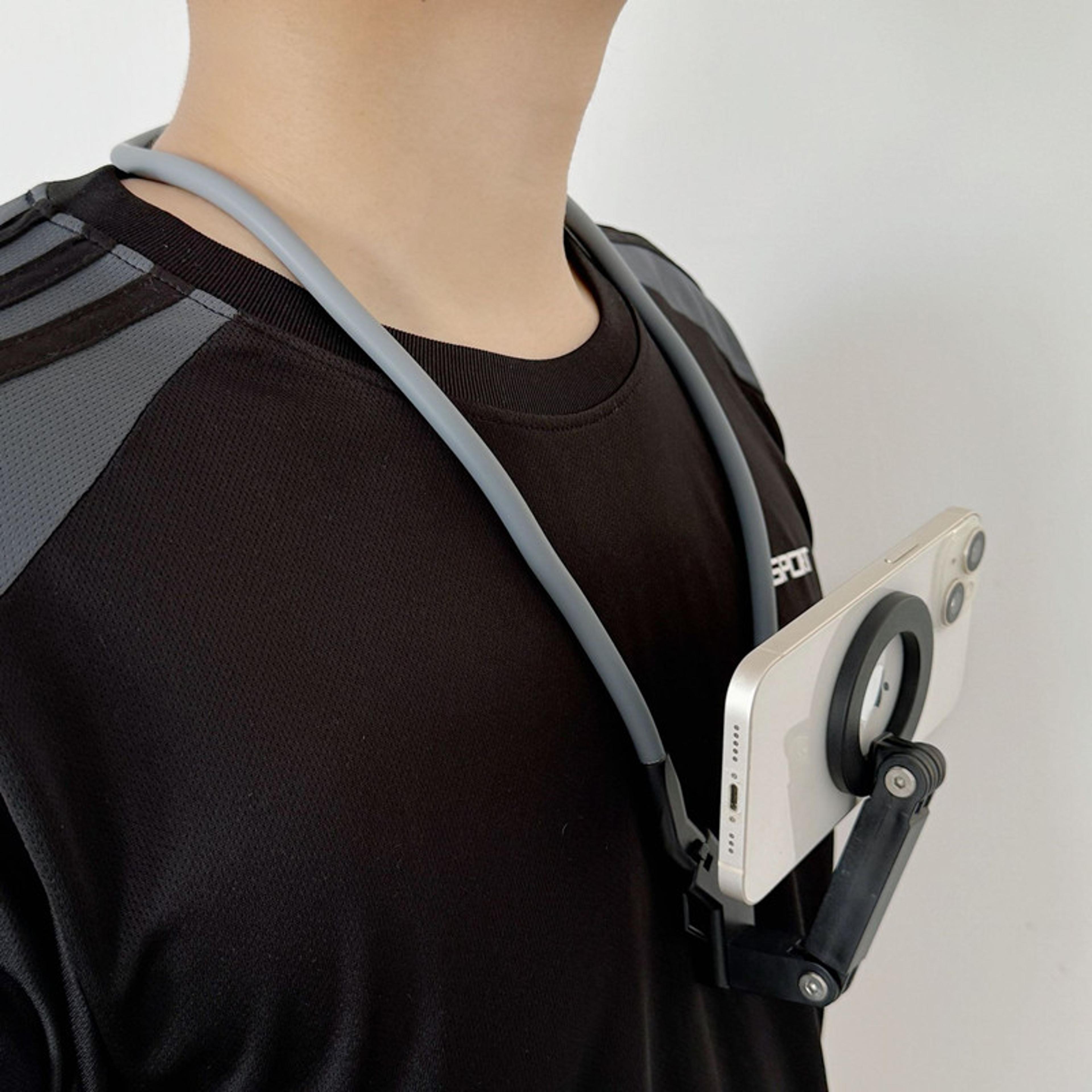 wearable magnetic neck phone holder with foldable multi-angle stand
