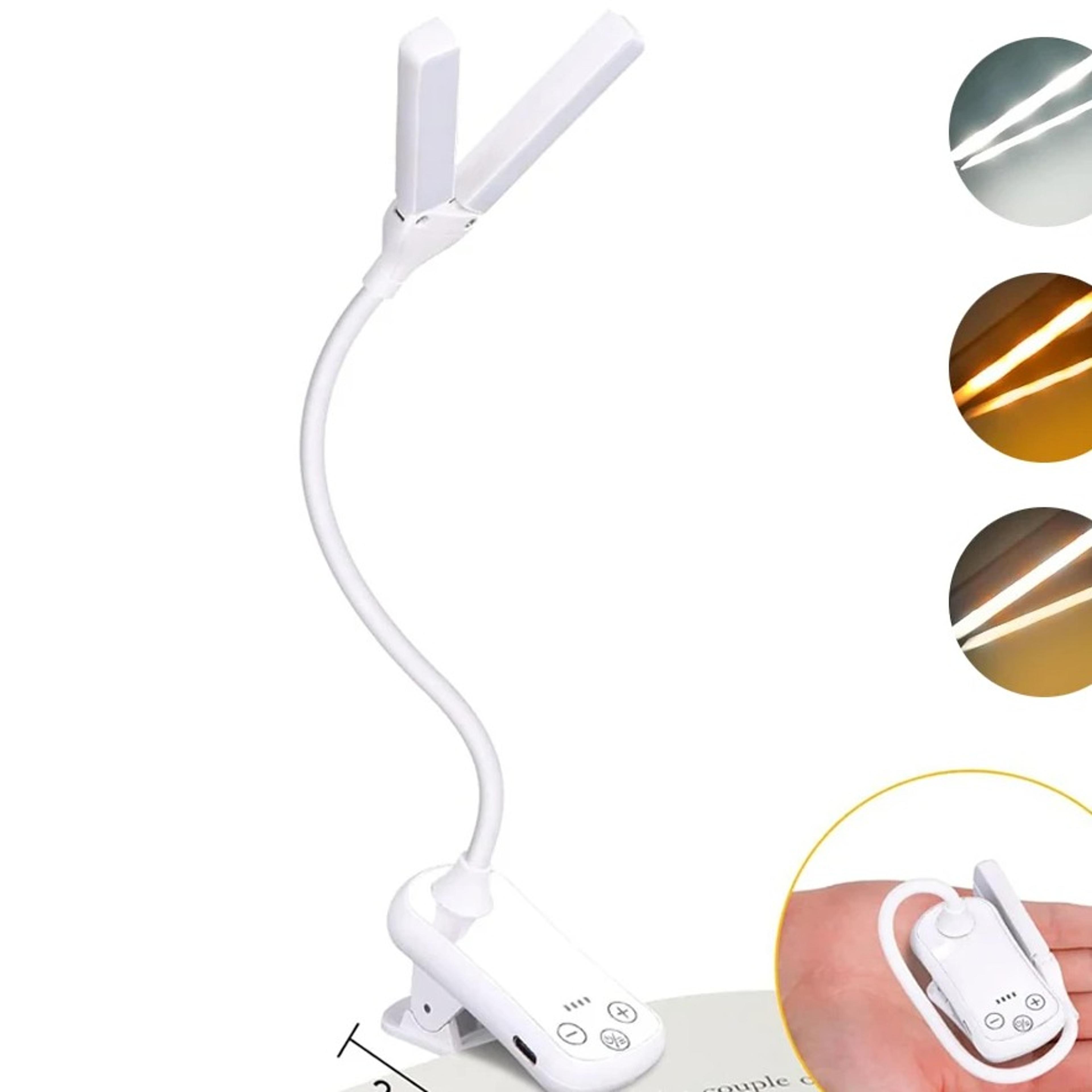 dual head clip on reading light with 14 leds 3 colors 8 brightness levels usb rechargeable