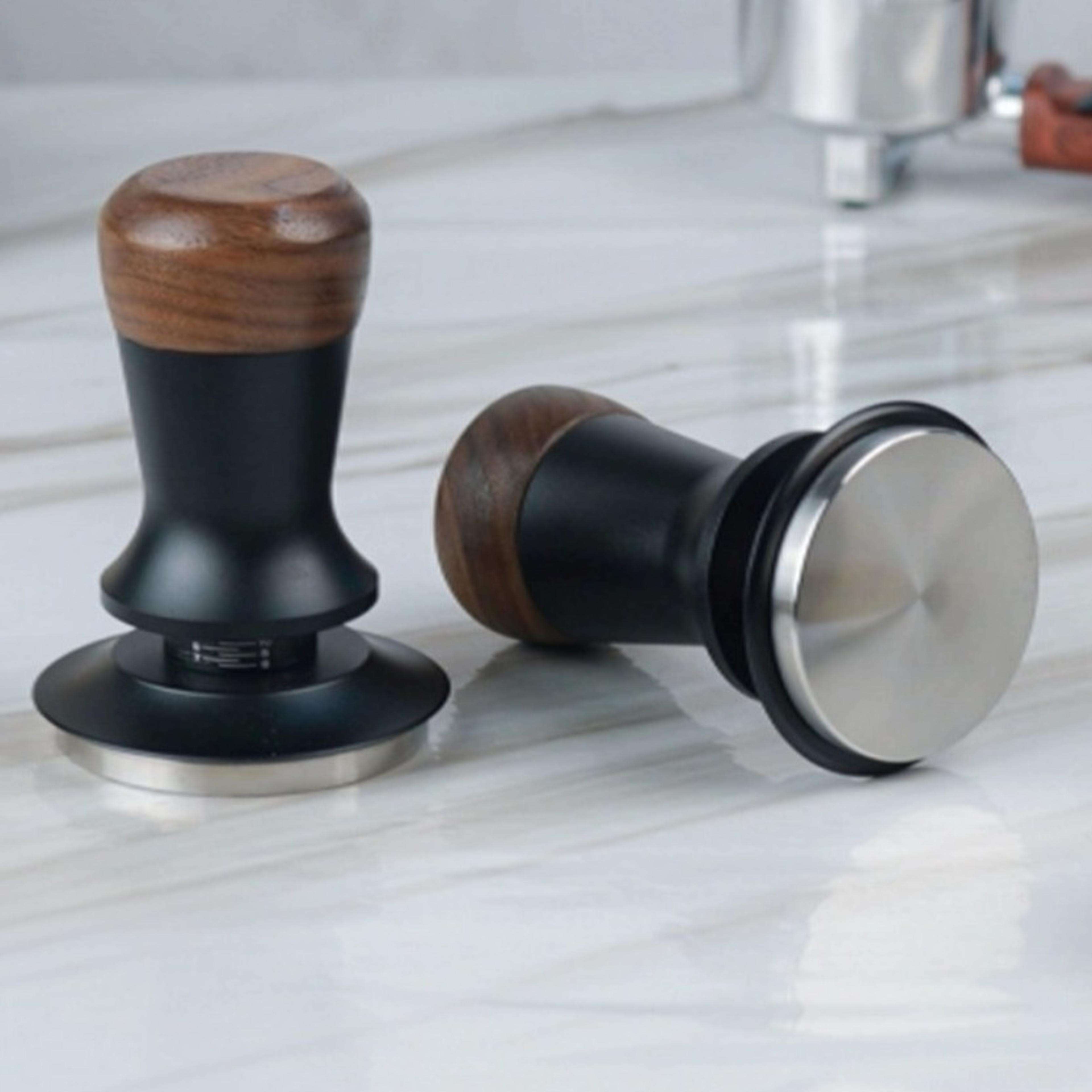 walnut wood espresso tamper with constant pressure stainless steel base