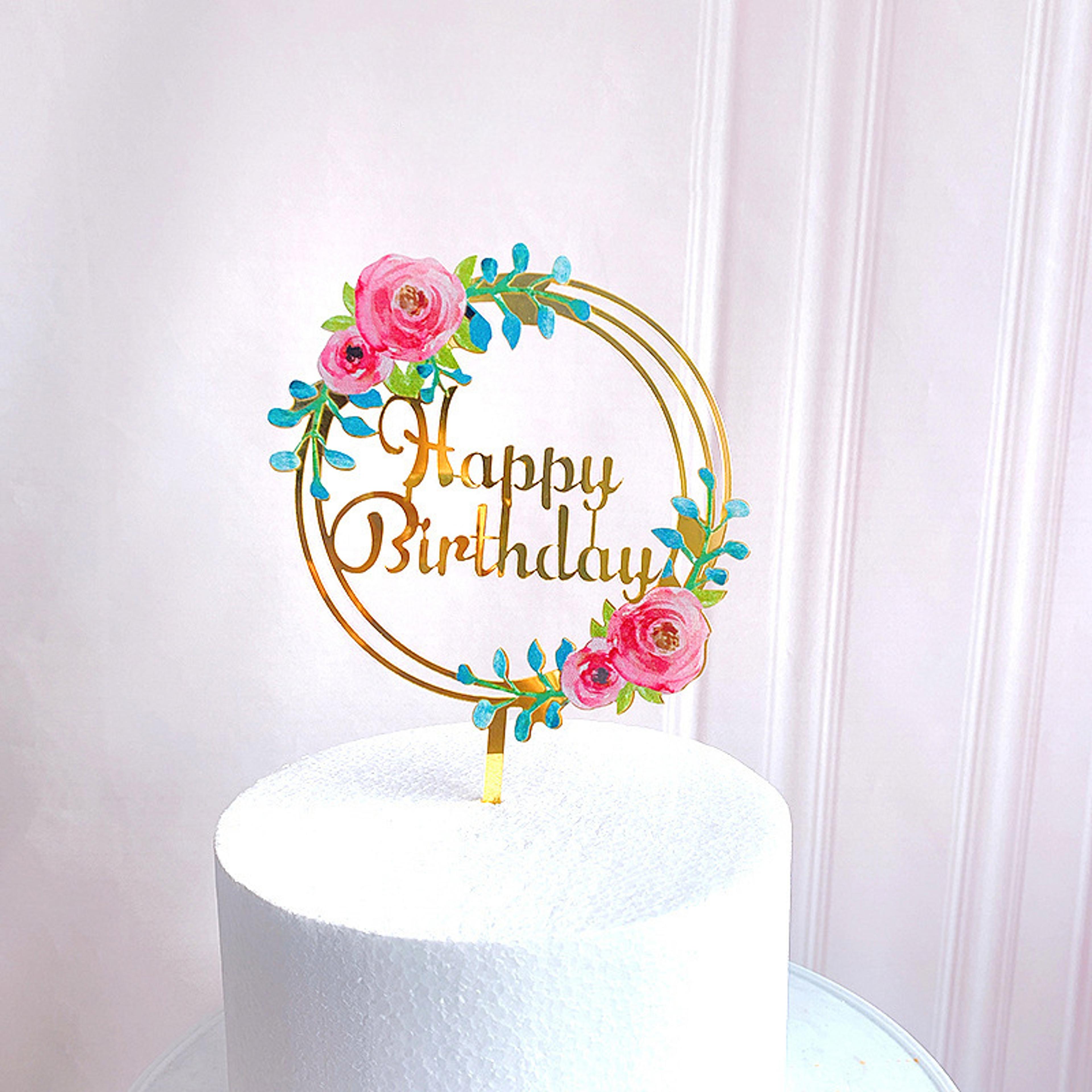 acrylic happy birthday cake topper with floral print and dot pattern