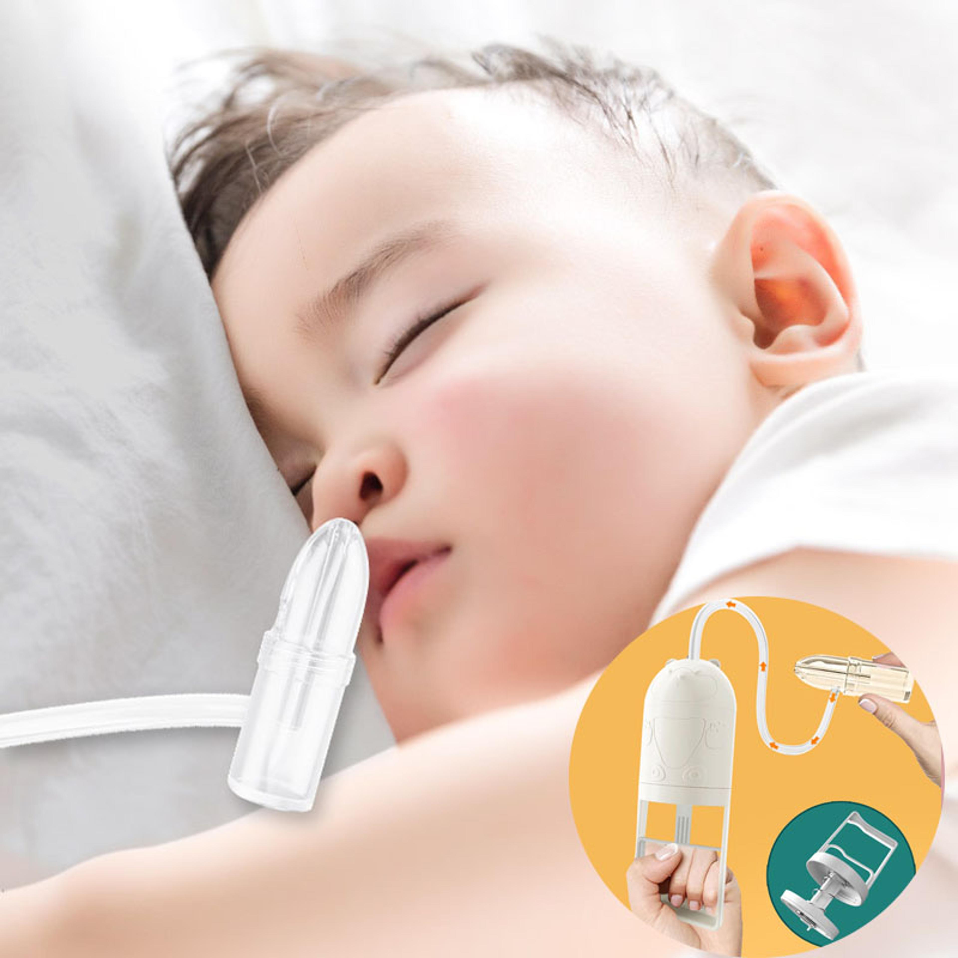 baby nasal aspirator with manual hand pump and non-invasive silicone nose tip