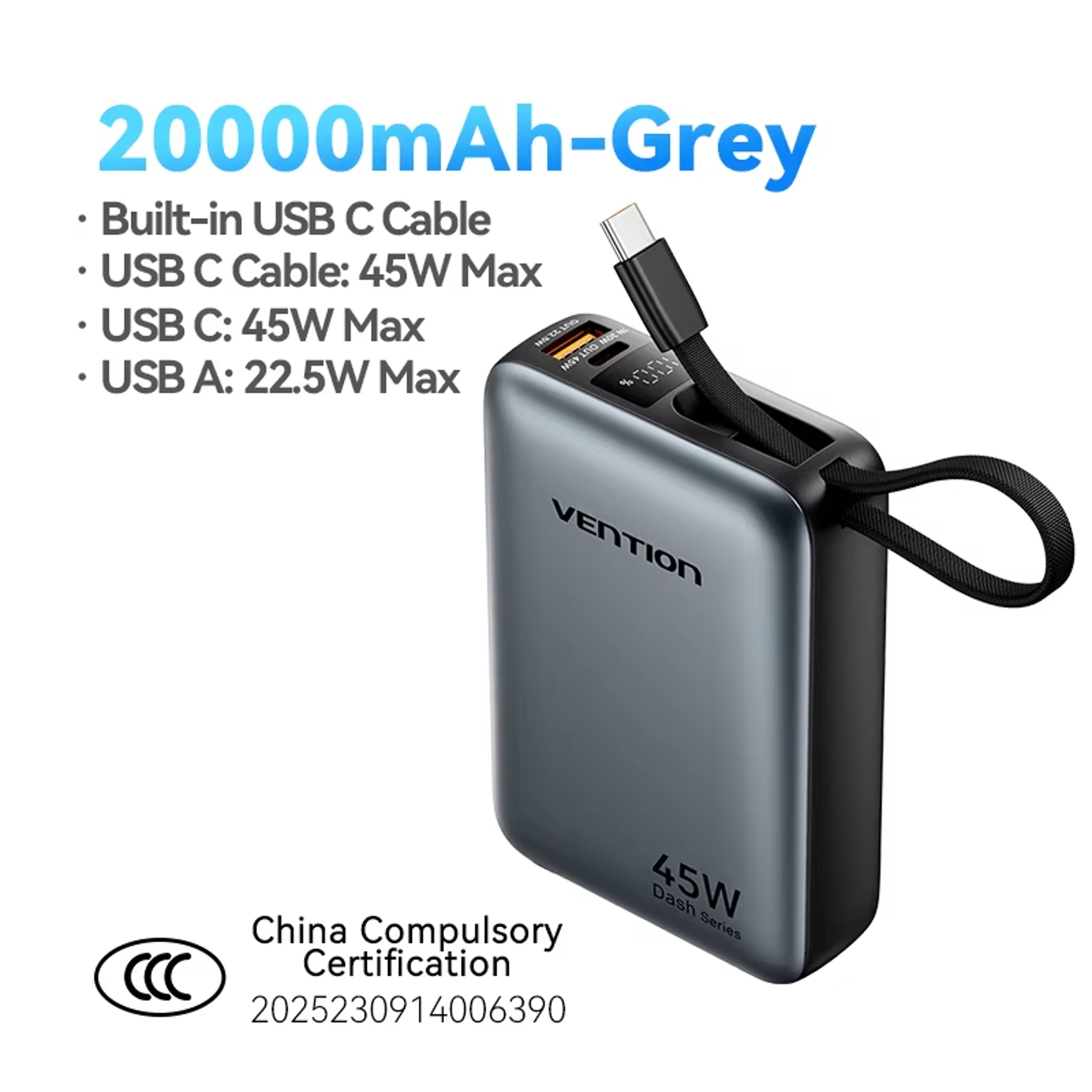 20000mah power bank with 45w fast charging and built-in usb-c cable