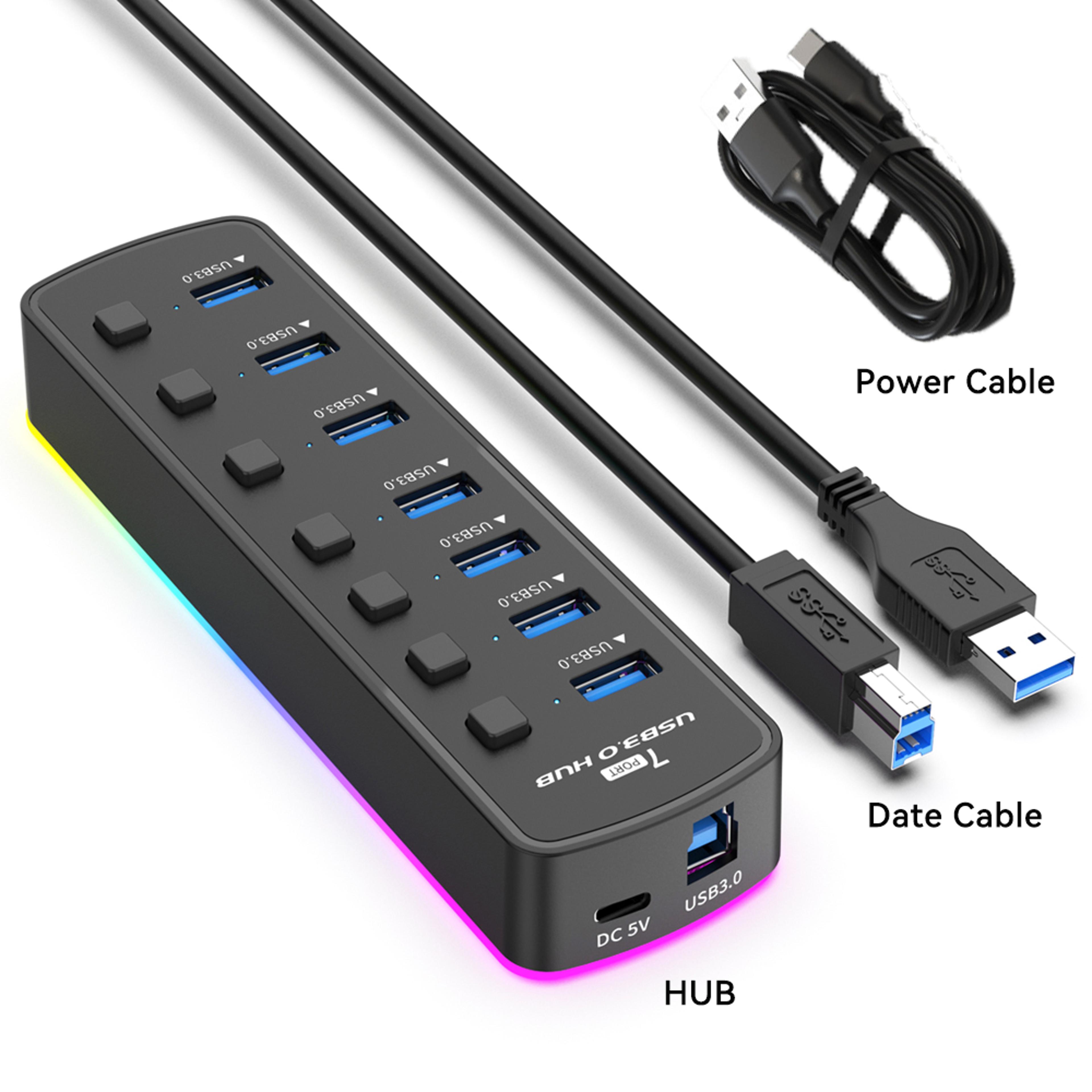 7-port usb 3.0 hub with individual on/off switches and rgb lighting – 5gbps usb splitter