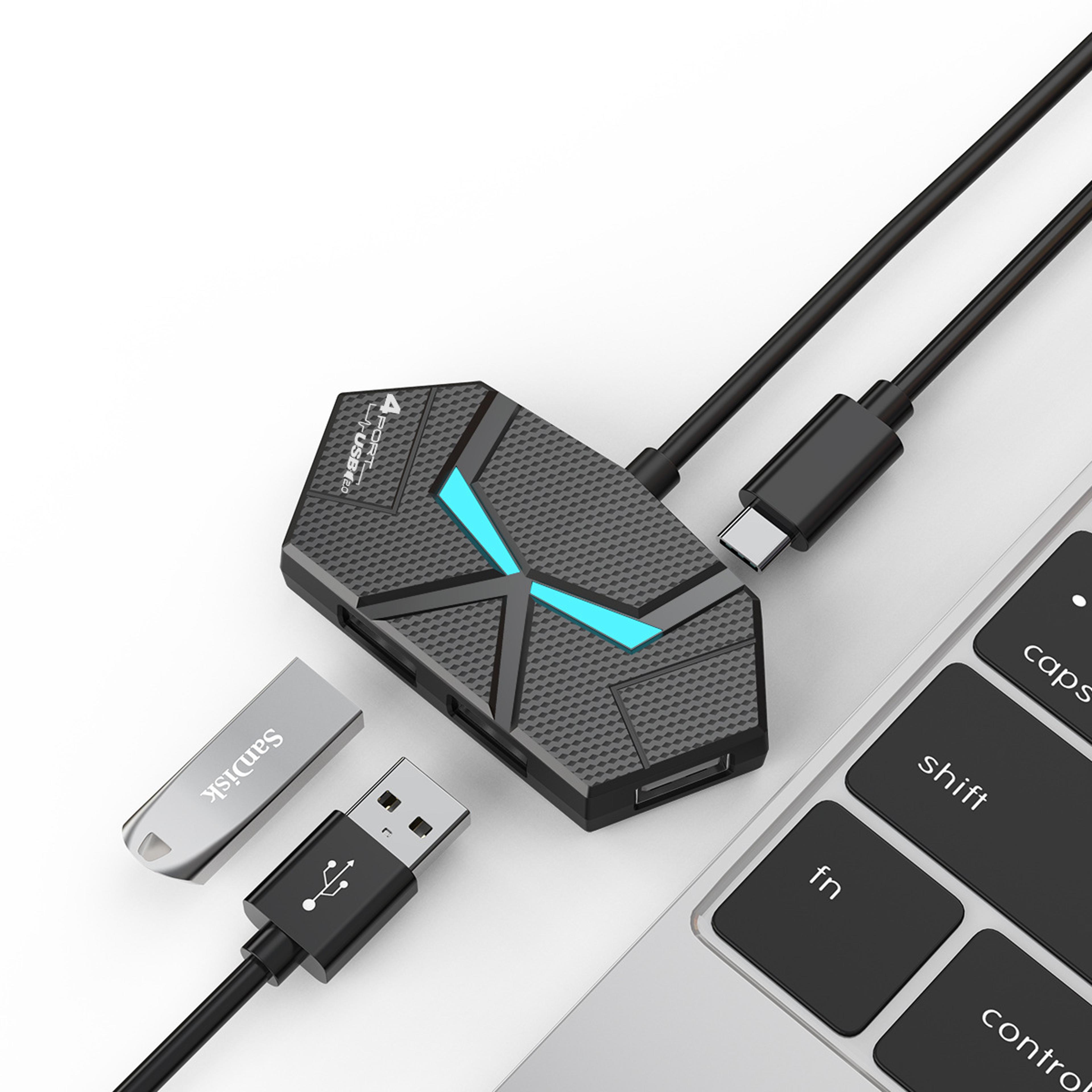 7-port usb 2.0 hub with usb type-c interface and 3.9 ft cable