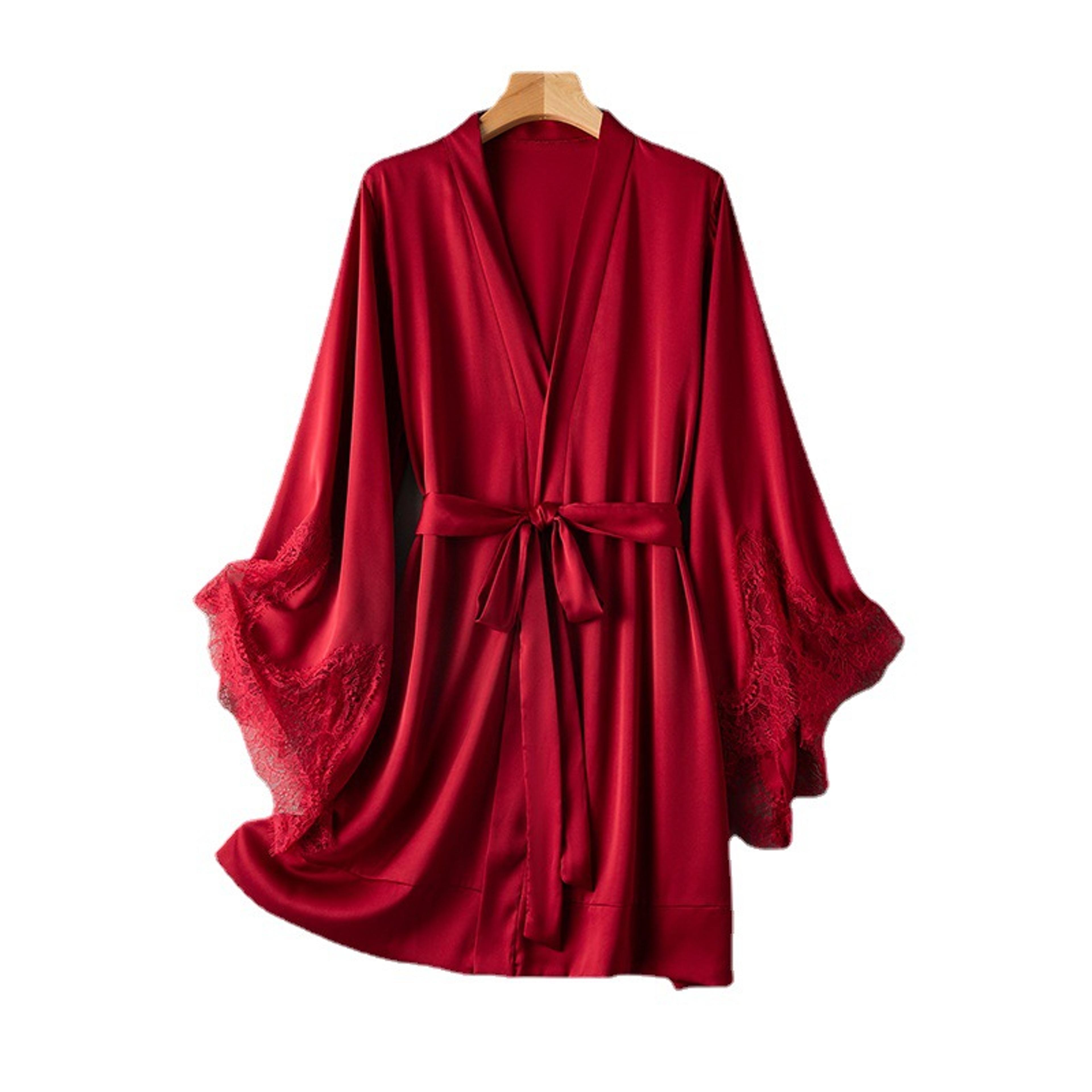 women's satin lace robe – three-quarter sleeve bridal kimono nightgown