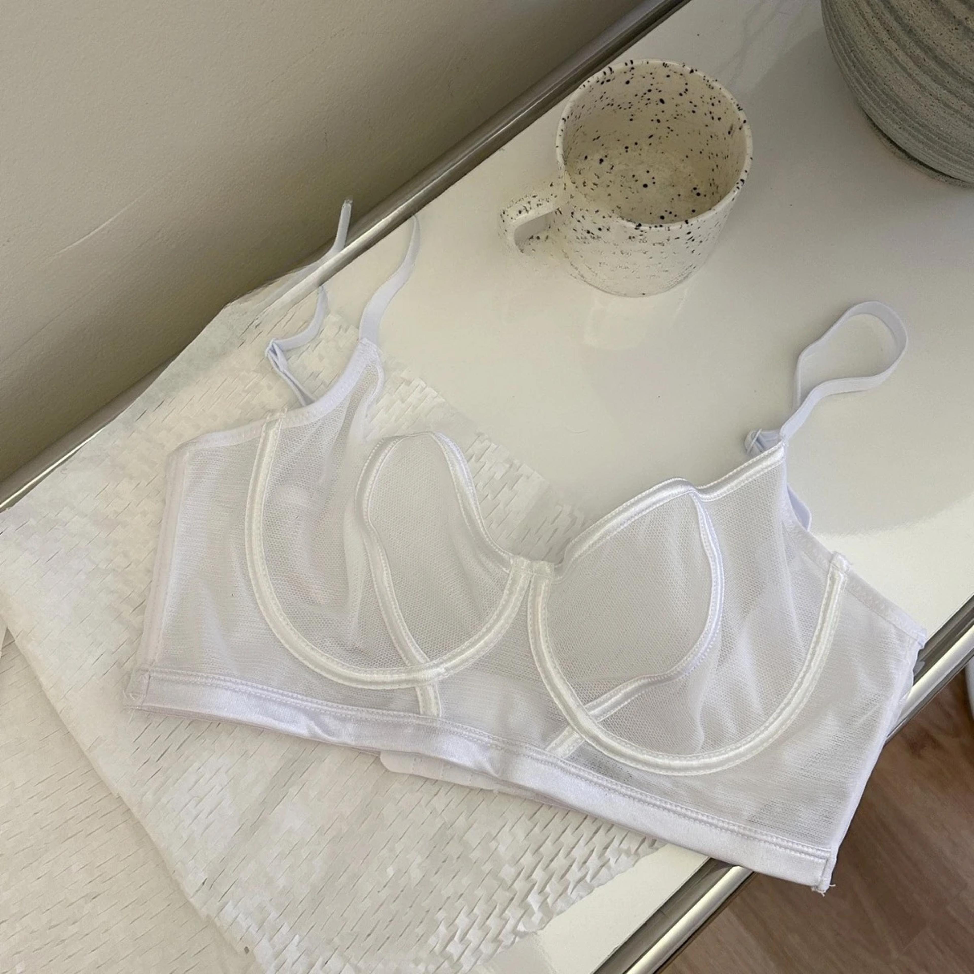 women's sheer lace underwire bra with adjustable straps and 3/4 cups