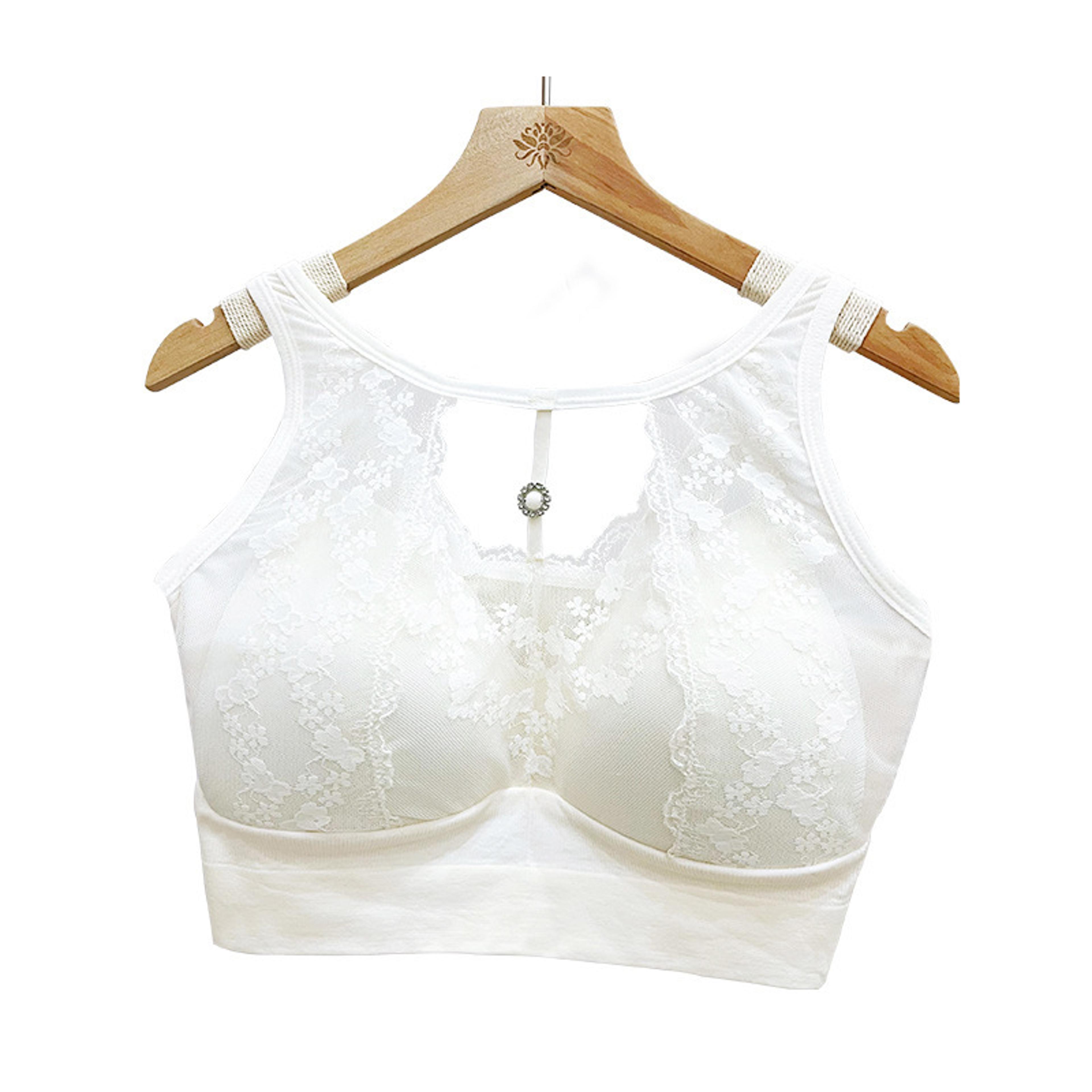 women's wire-free lace bra with full coverage padded cups and adjustable straps
