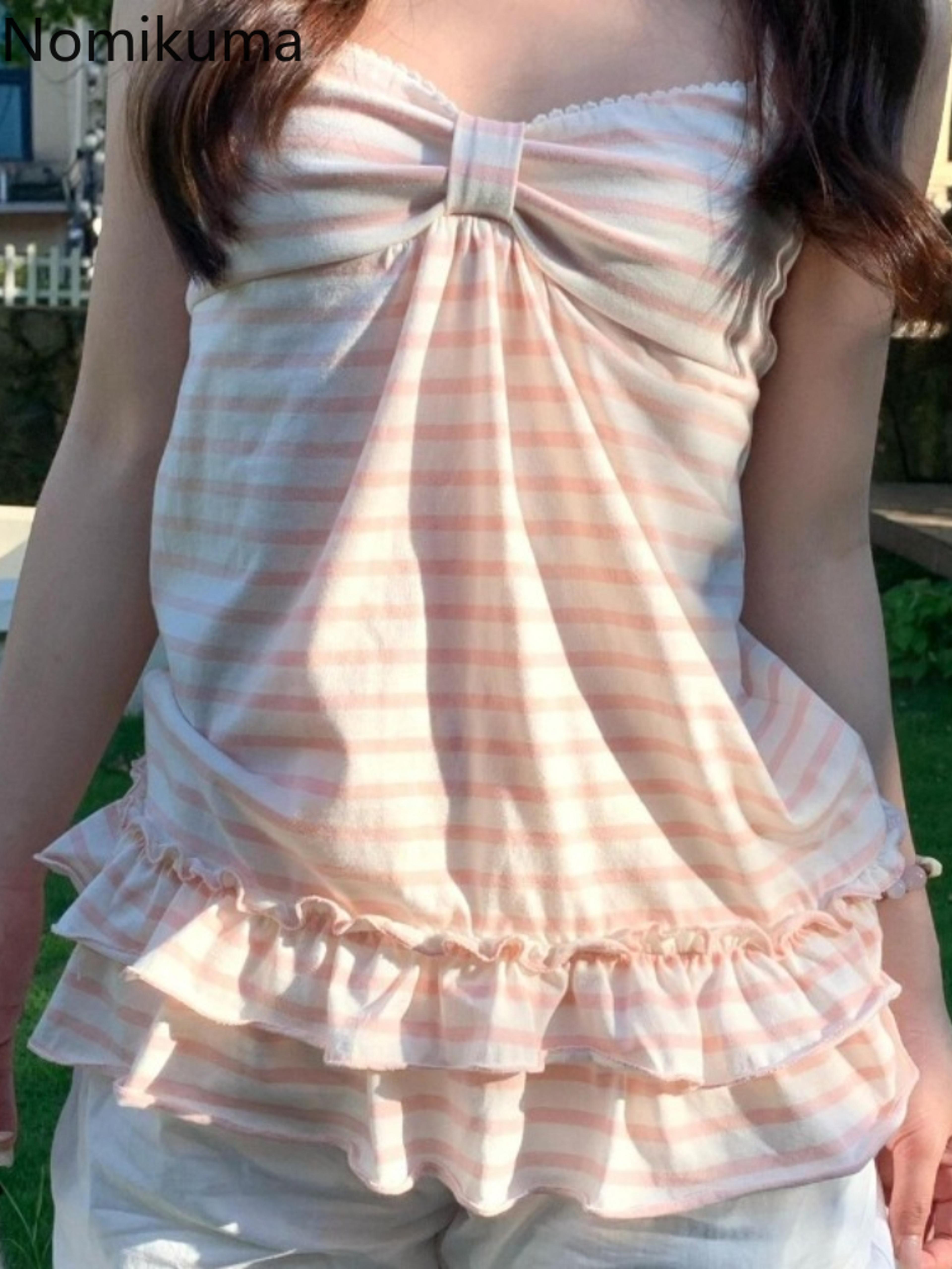 women's vintage striped tank top – sleeveless slim fit summer top with ruffle details