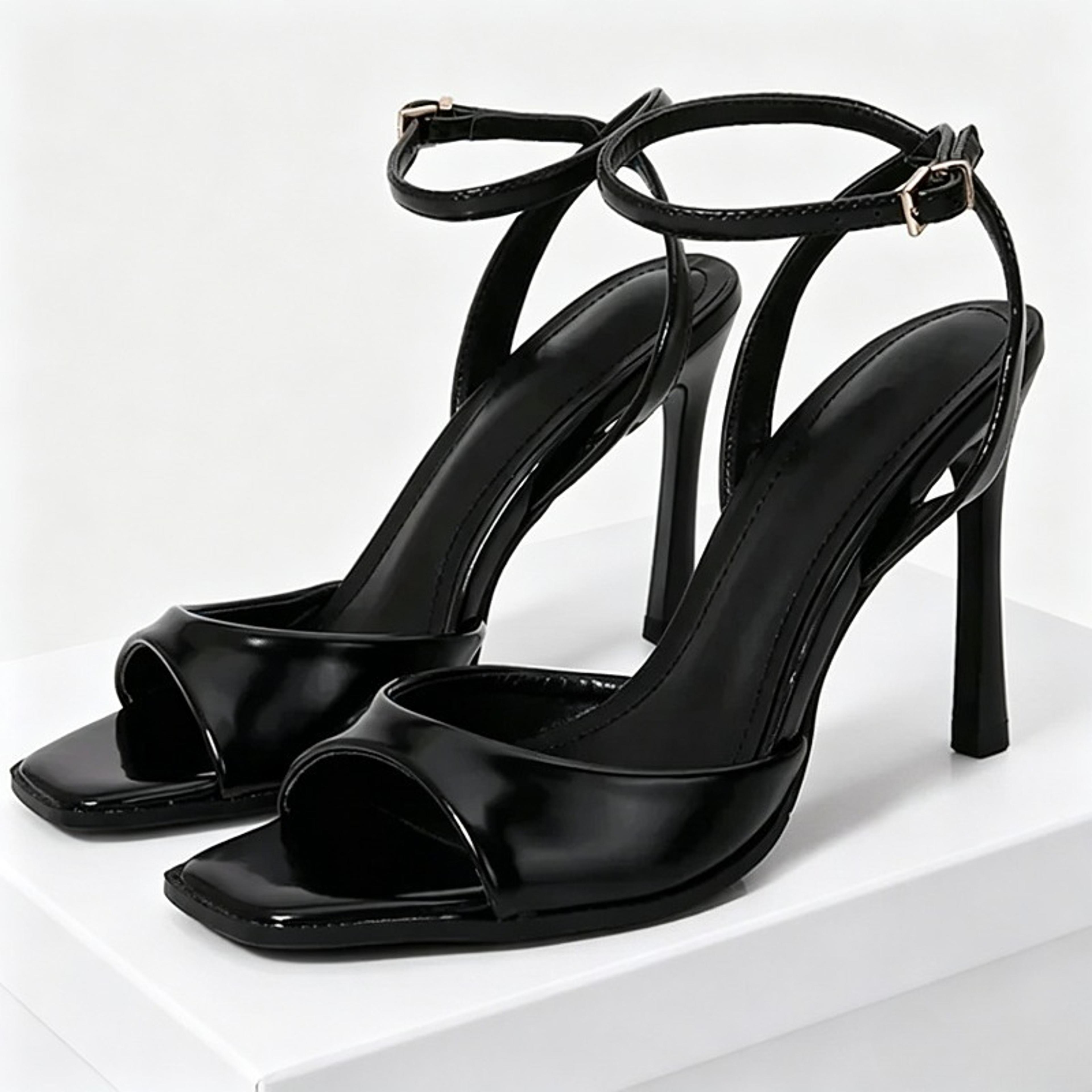 women's black ankle strap high heel sandals with square toe and buckle closure