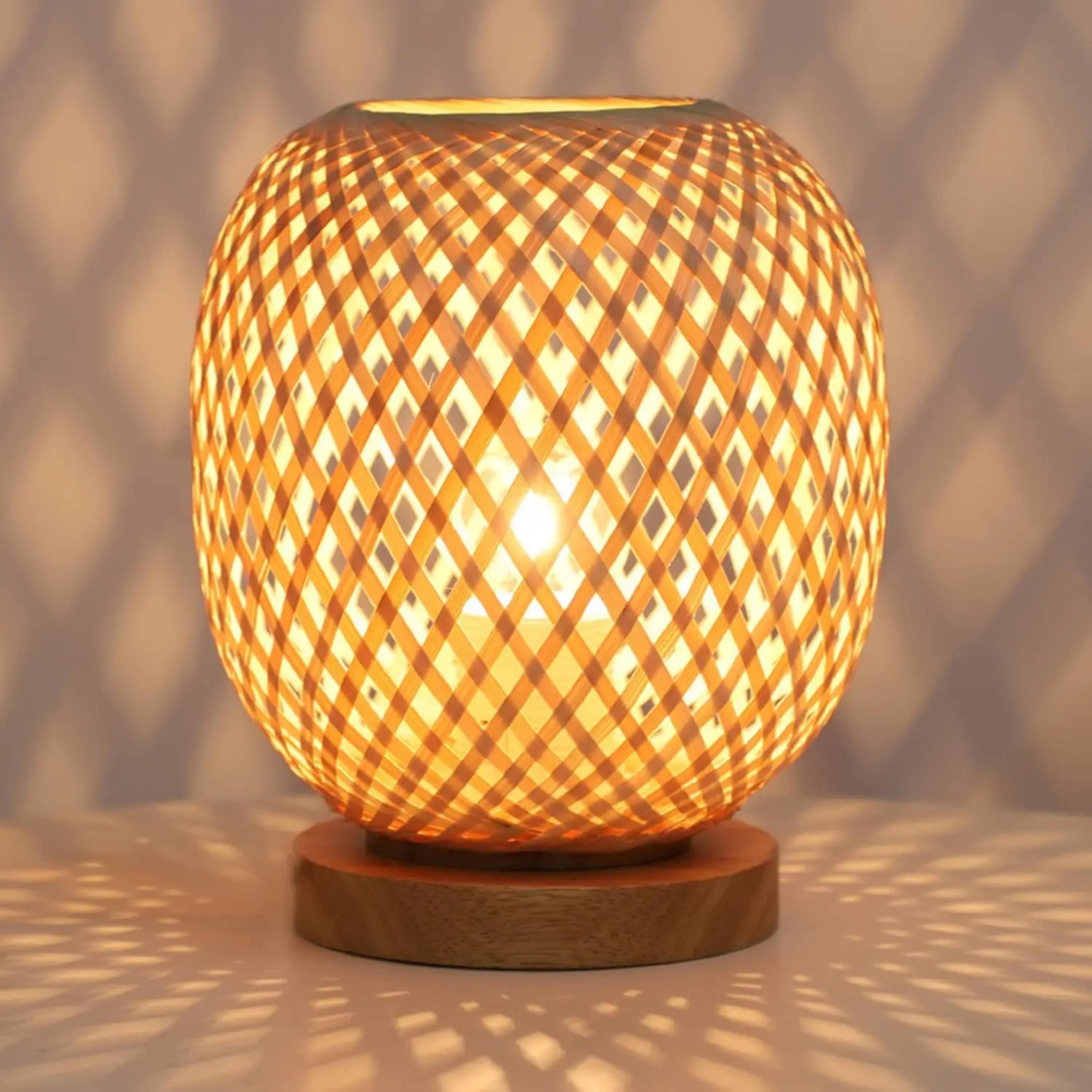 boho bamboo table lamp – handwoven rattan bedside light with wooden base