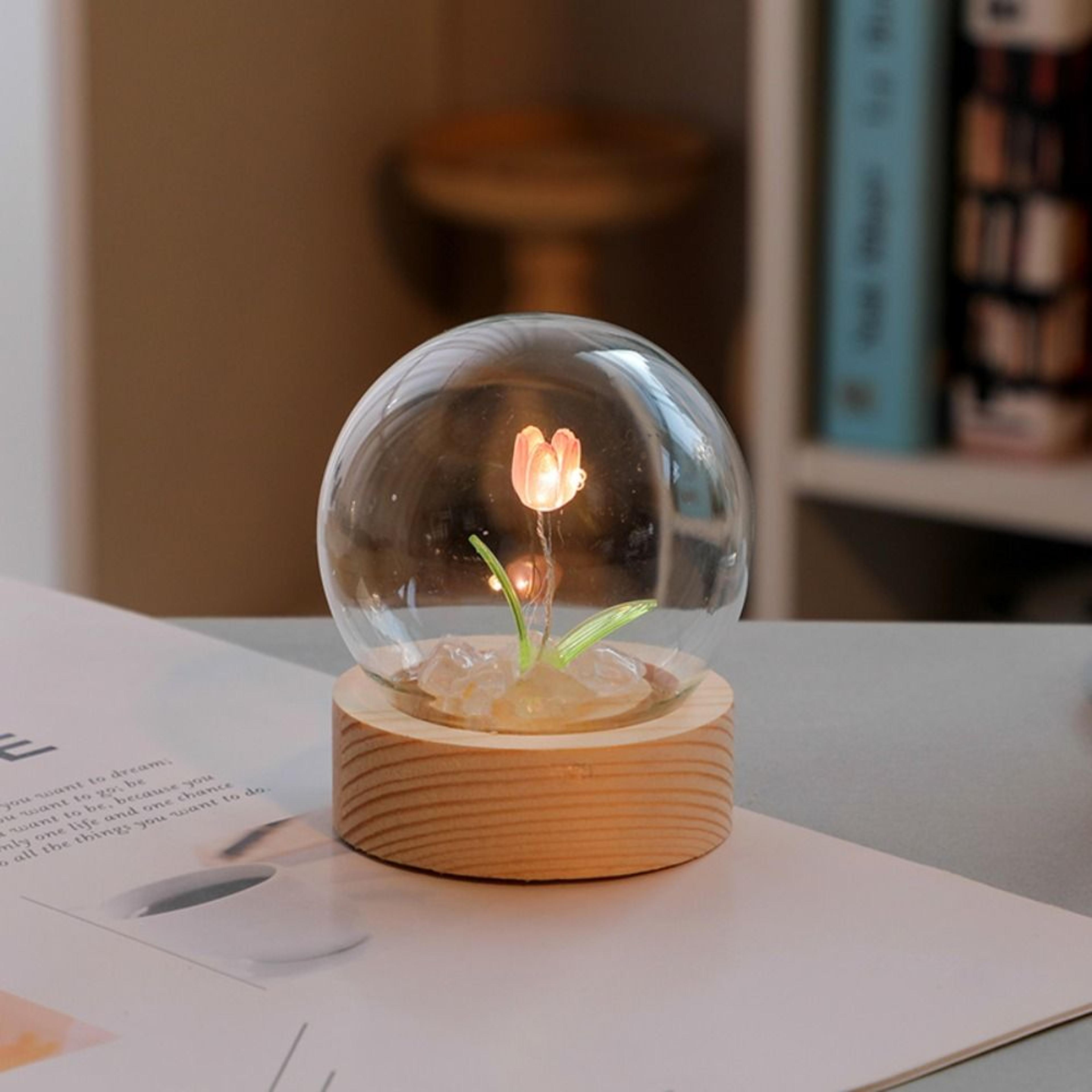 3d tulip led night light with wooden base and warm white glow