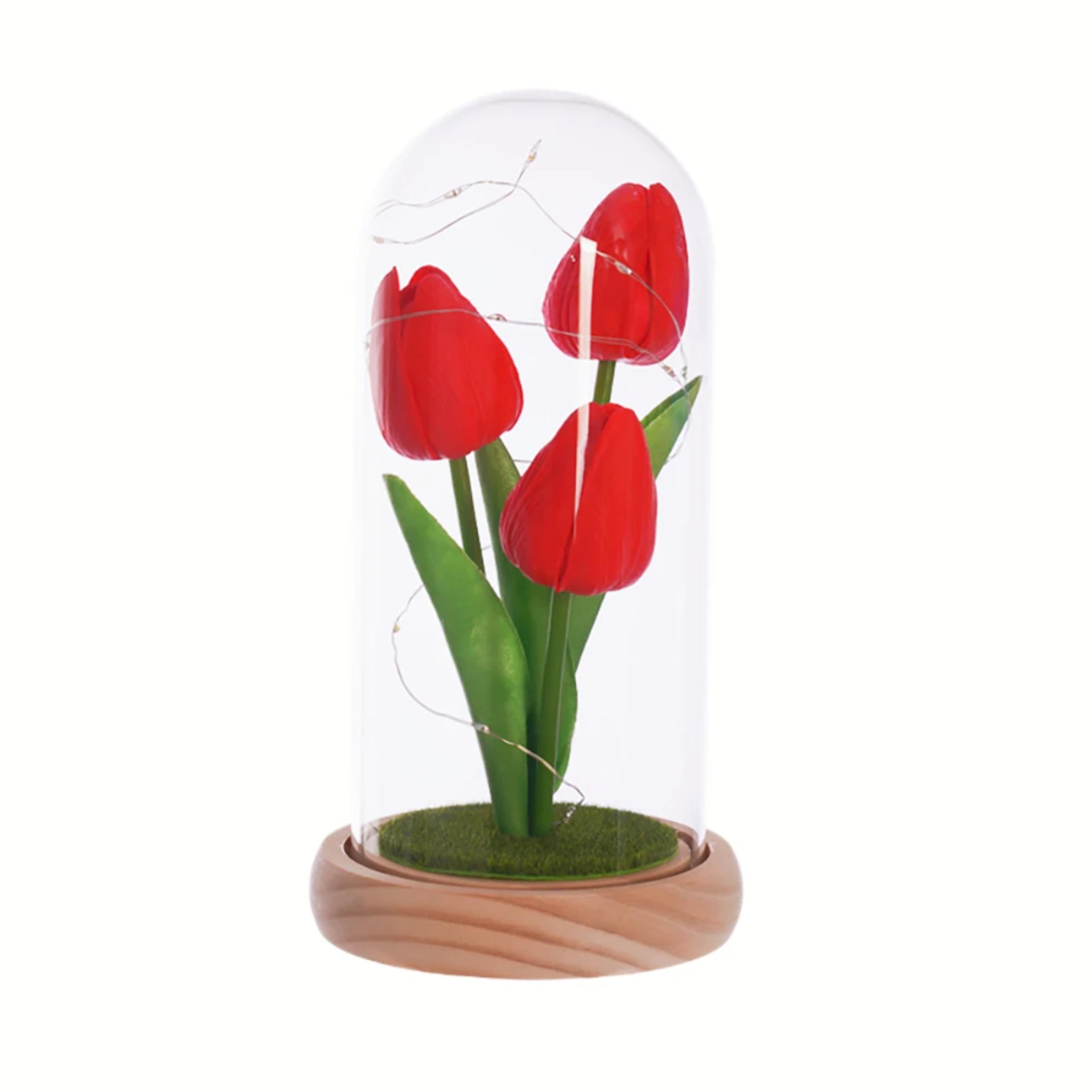 tulip night light with glass cover and wooden base – romantic floral gift
