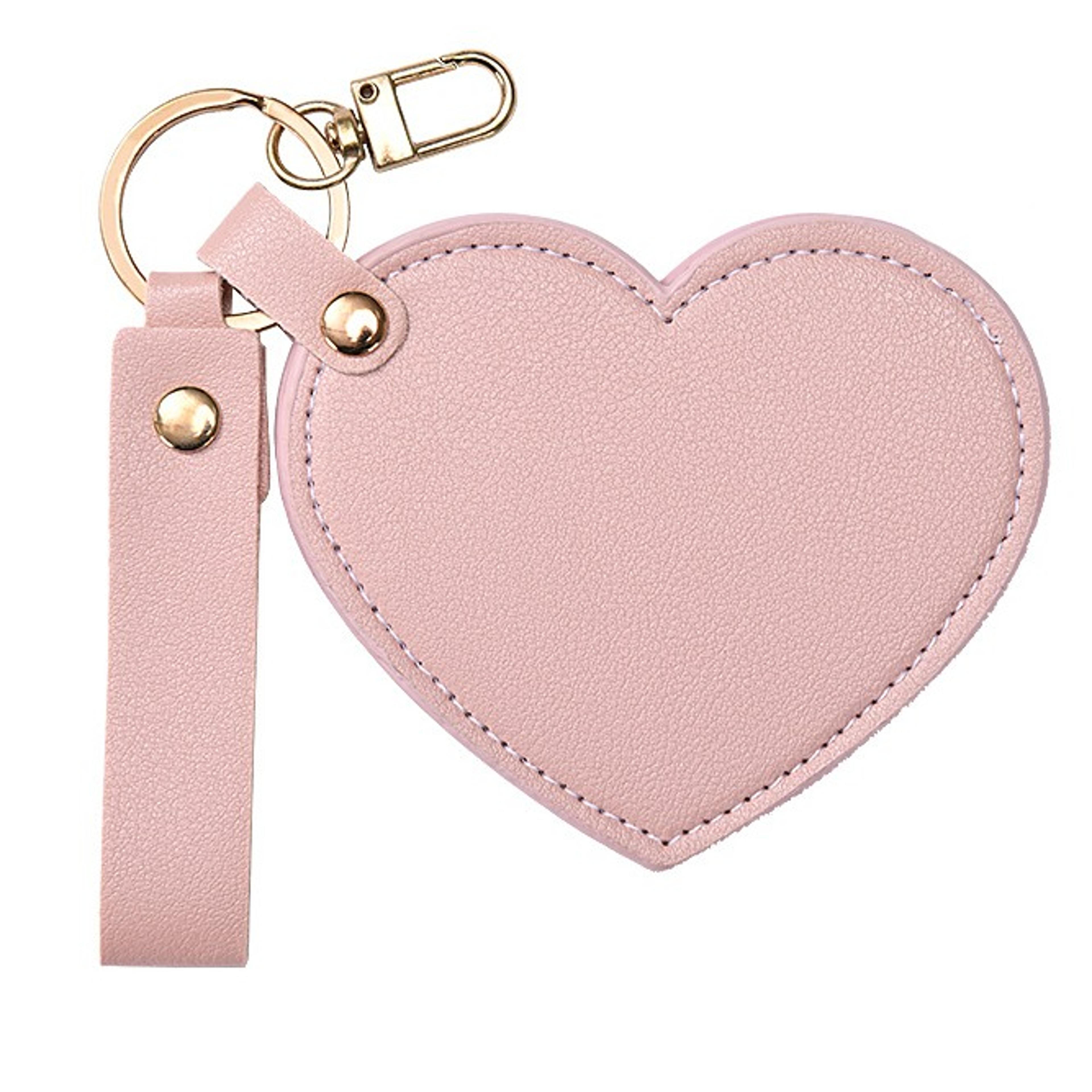 heart shaped compact makeup mirror with pu leather cover and keychain