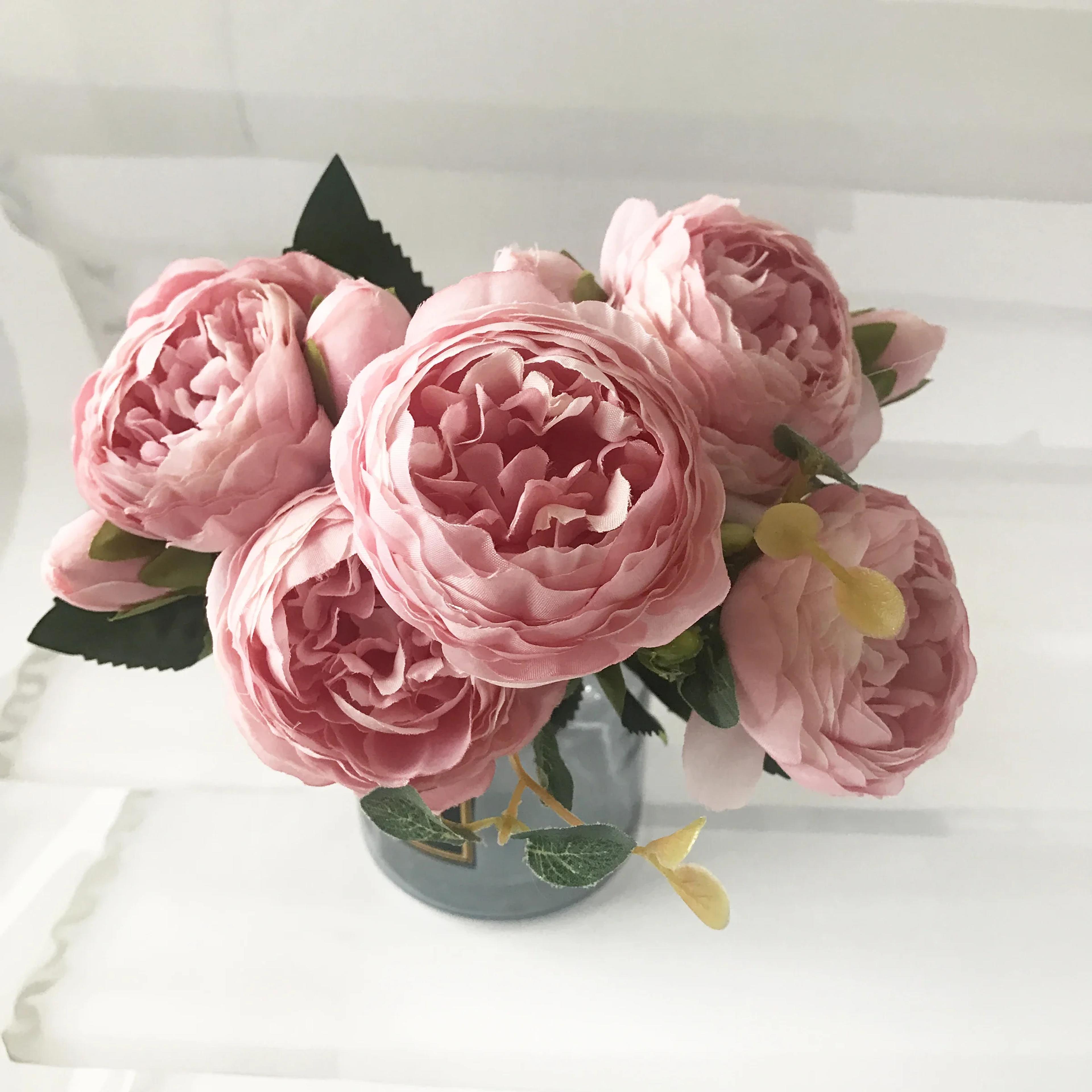 artificial silk peony bouquet with 5 blooms and 4 buds for wedding and home decor