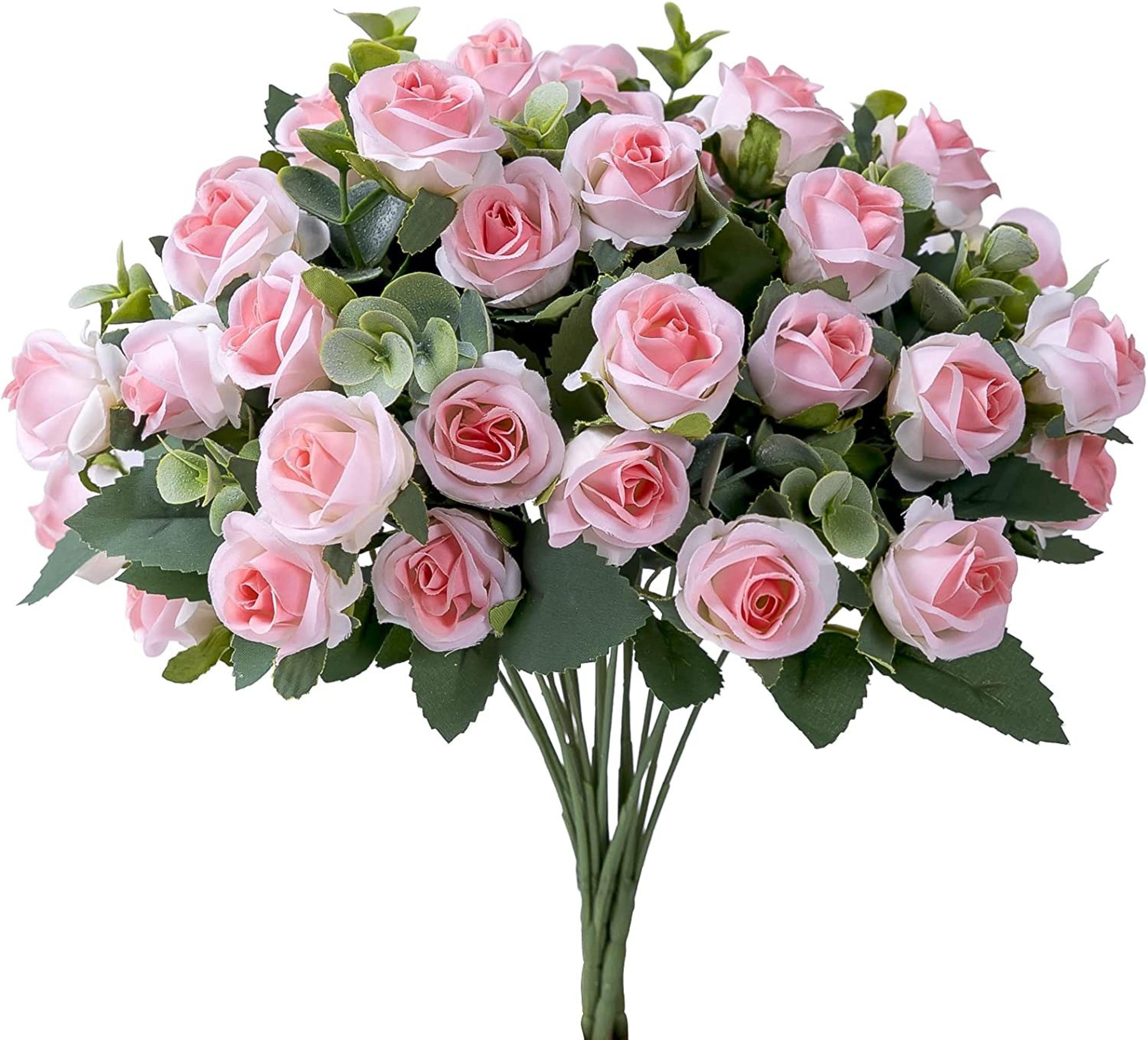 10-head artificial white silk rose bouquet with eucalyptus leaves for wedding decor