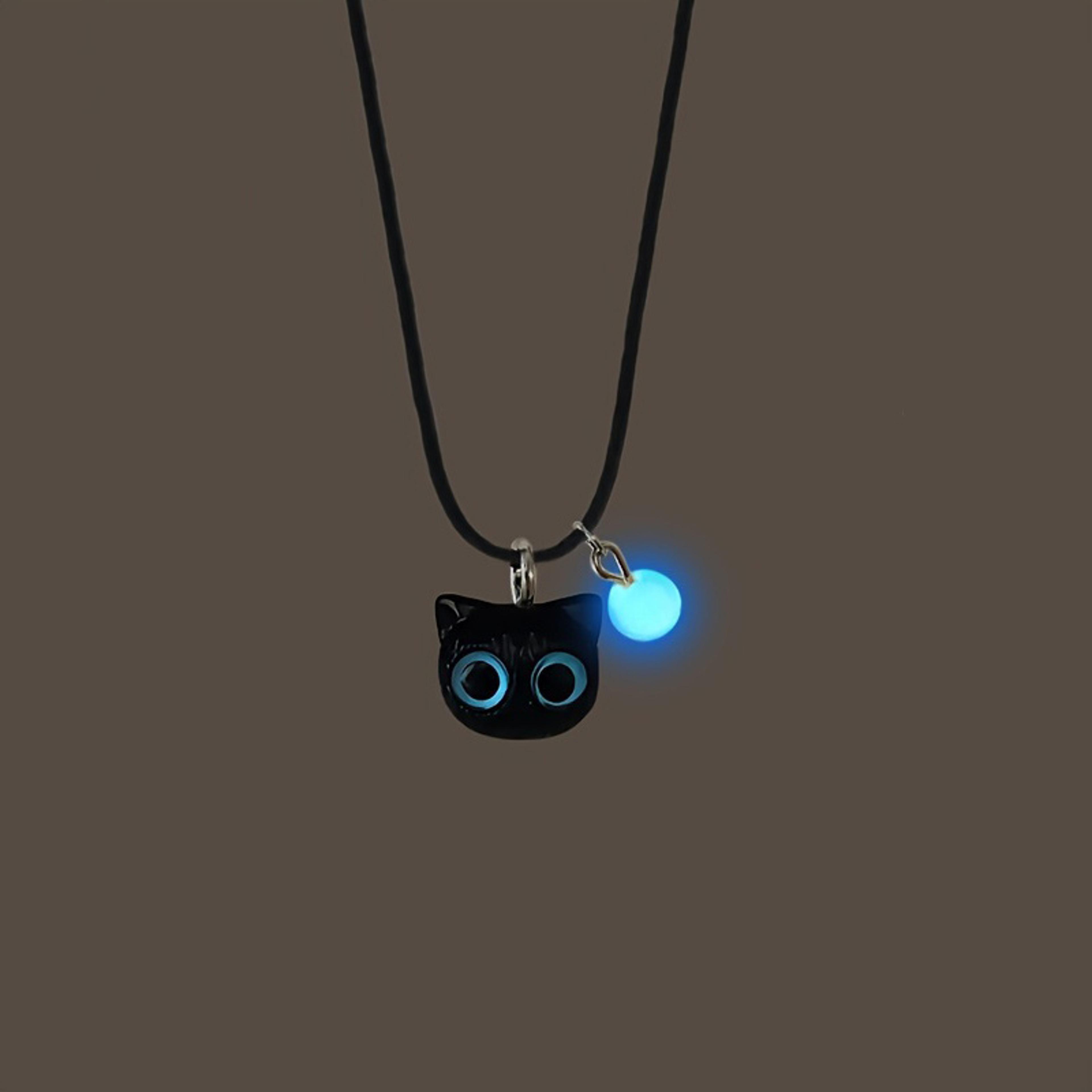luminous black cat pendant necklace with cartoon big eyes