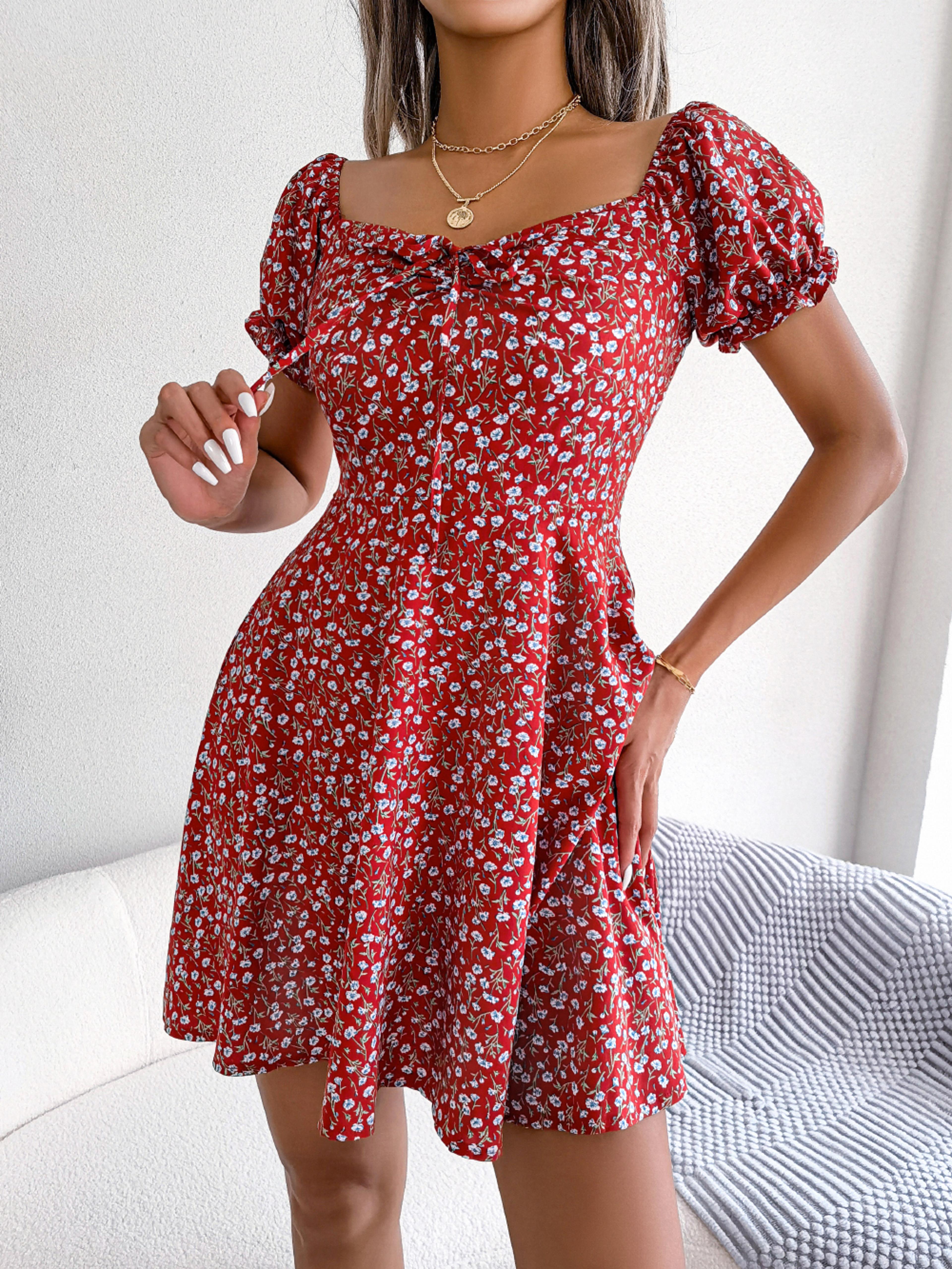 women's floral a-line mini dress with square neck and flare sleeves