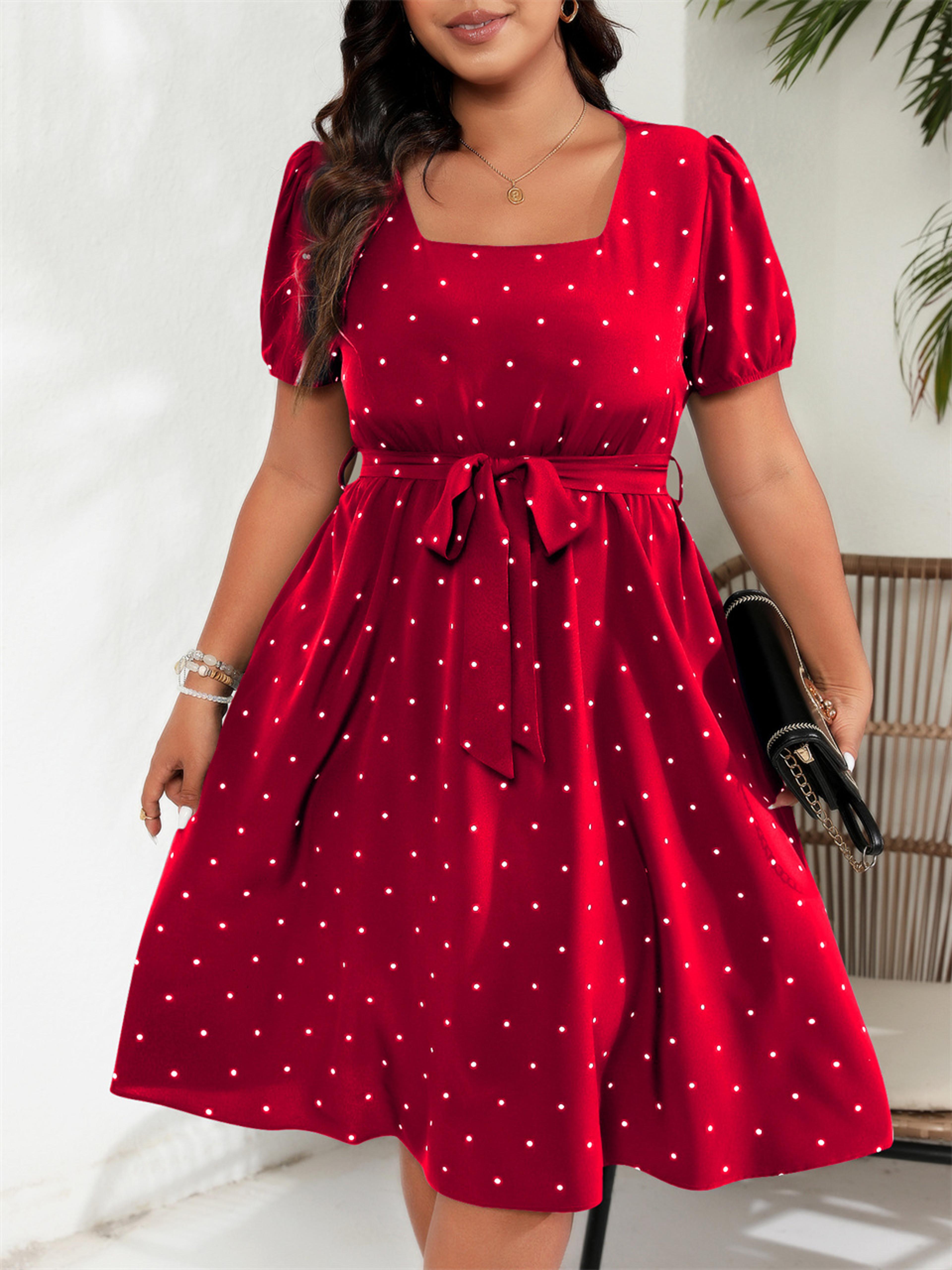 women's plus size square neck polka dot a-line dress with puff sleeves