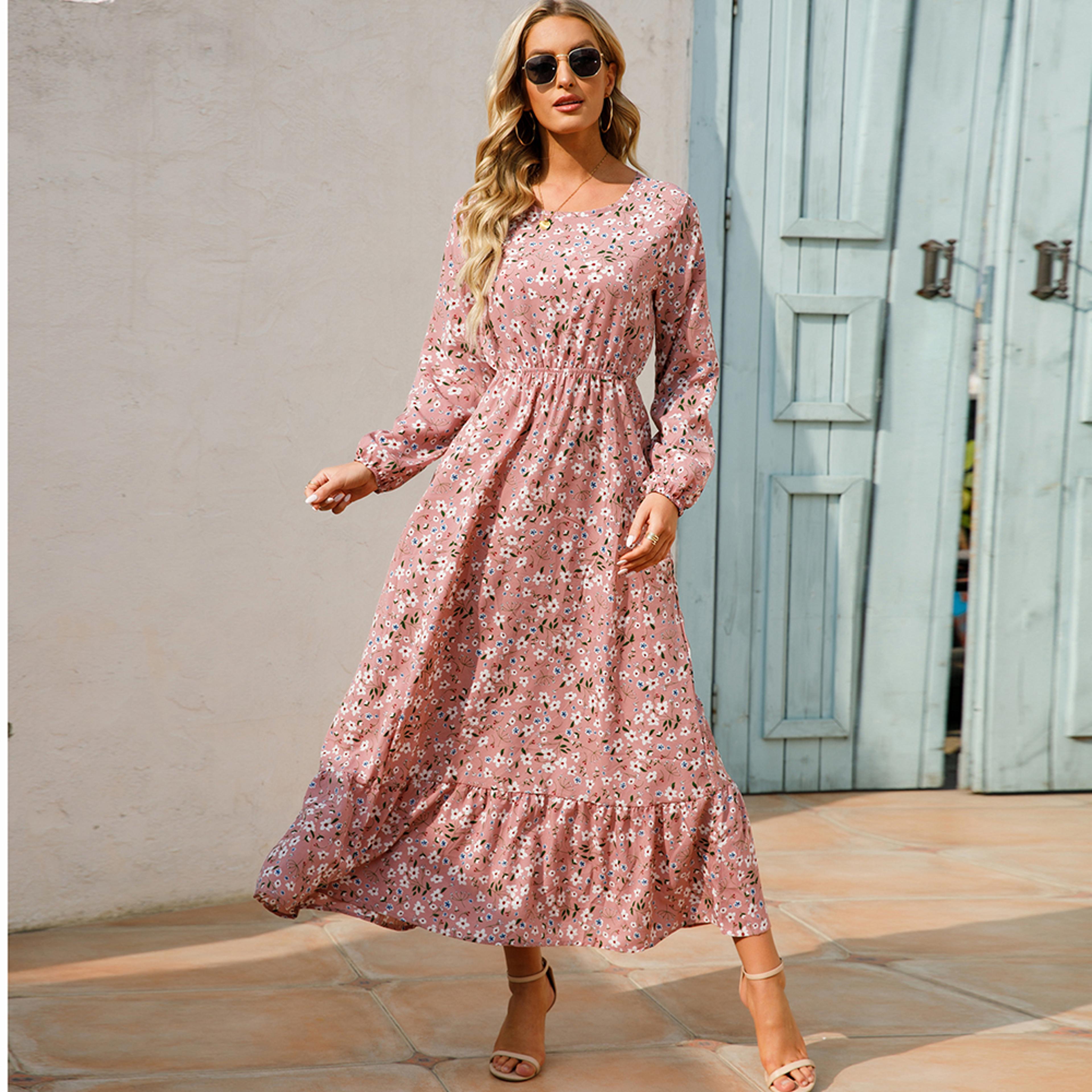 women's bohemian floral chiffon midi dress with puff sleeves and elastic waist