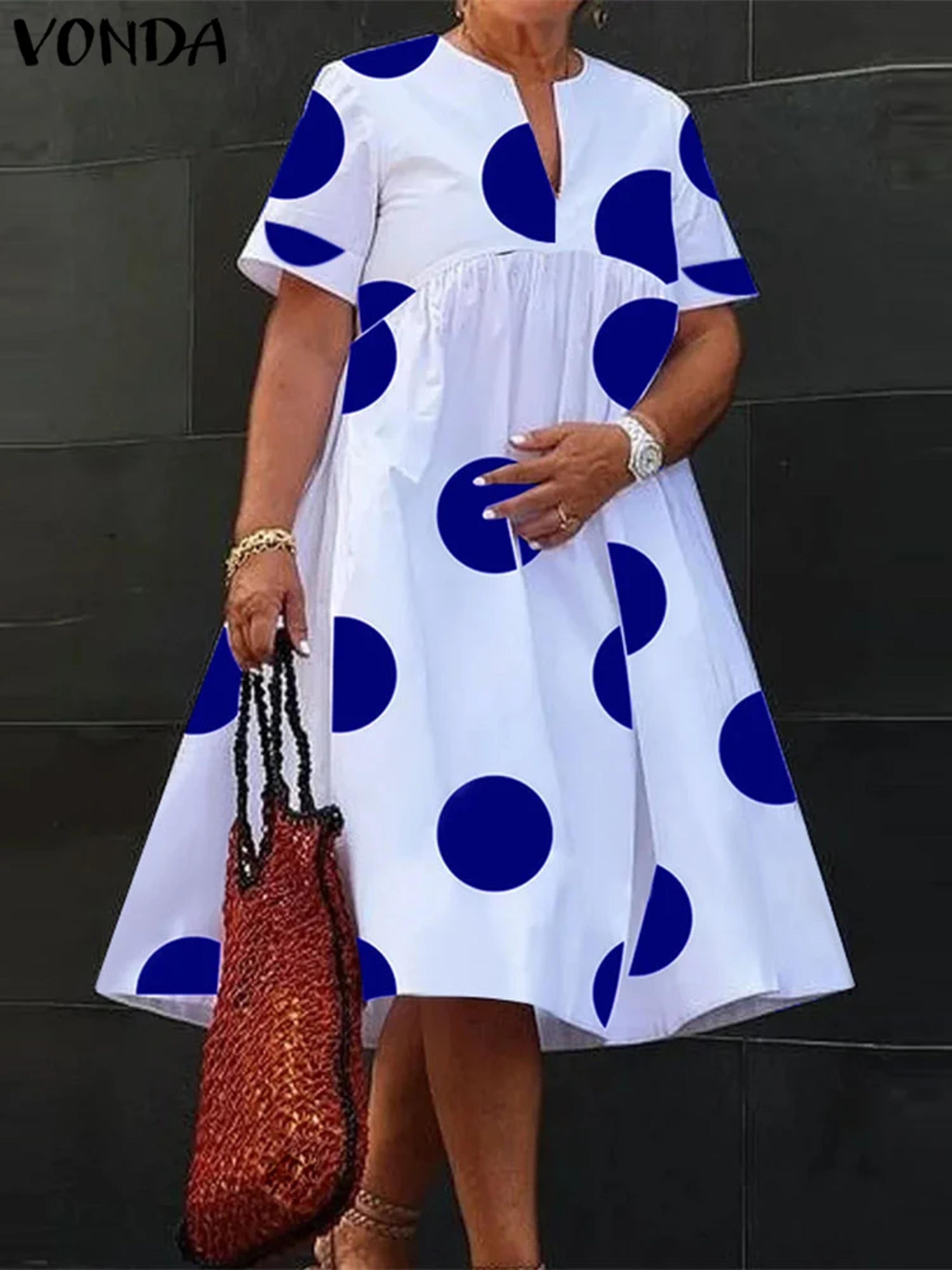 women's plus size polka dot midi dress with v-neck and short sleeves