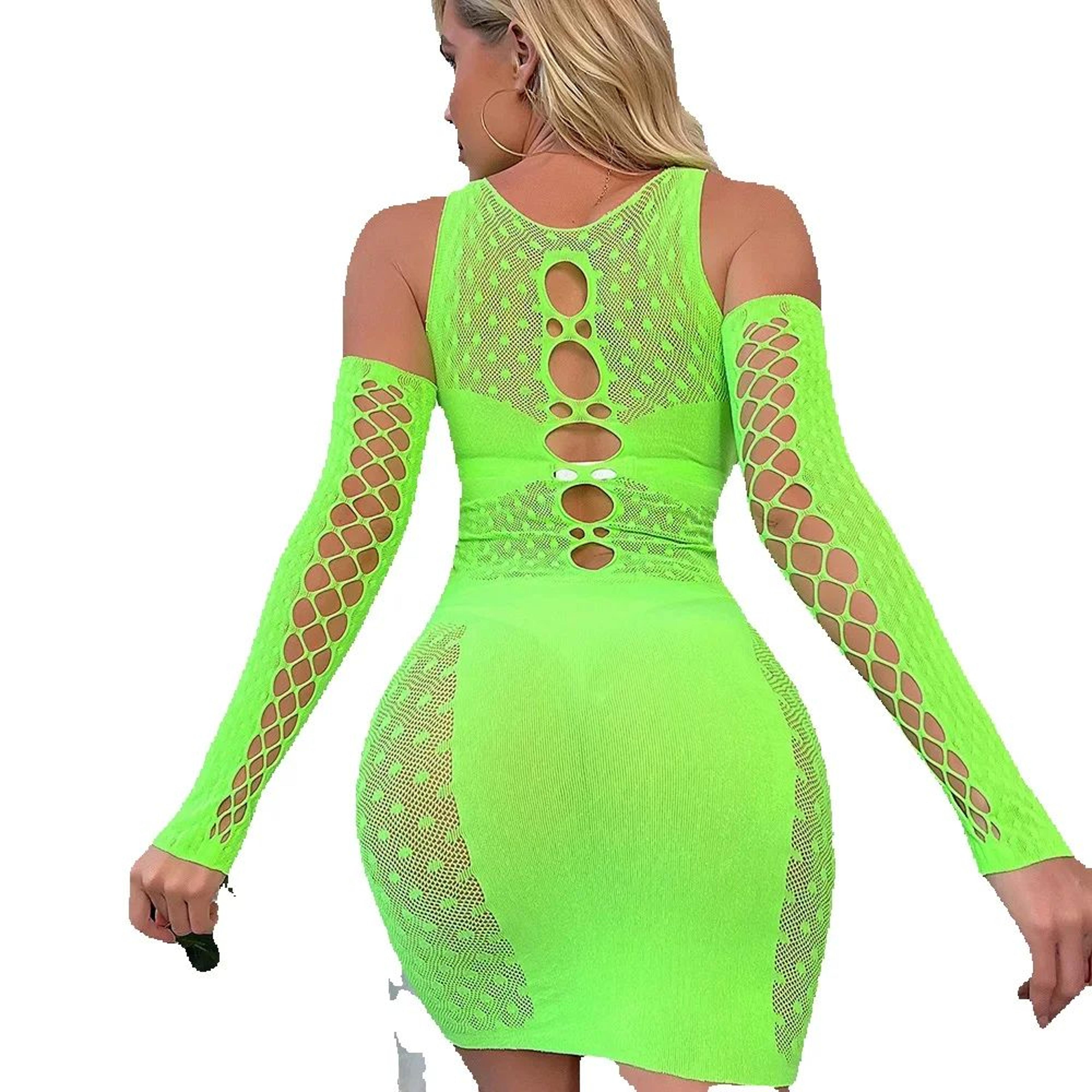 women's hollow out fishnet mini dress with geometric pattern and stretch fit