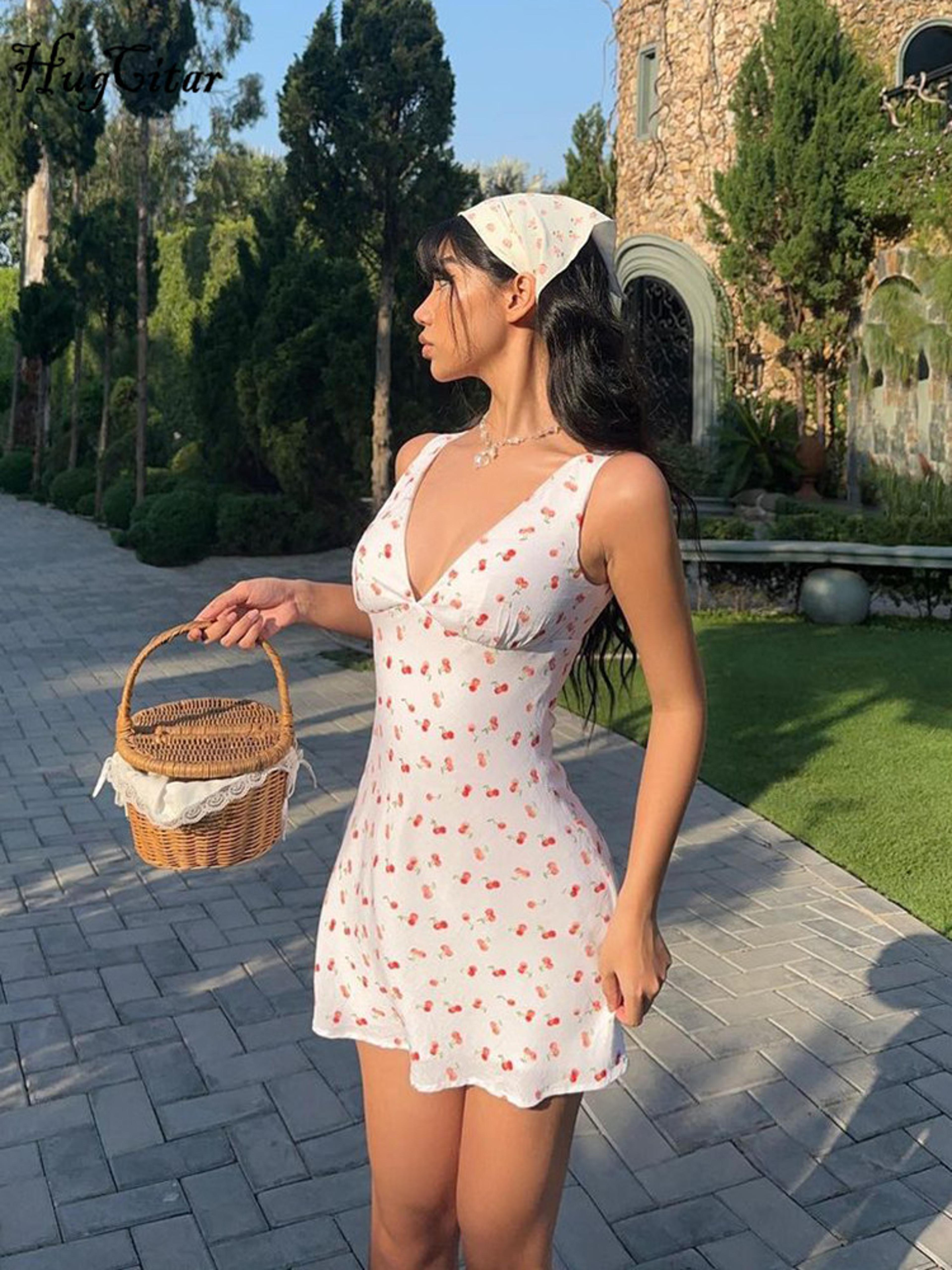 cherry print backless bodycon mini dress with v-neck and draped design