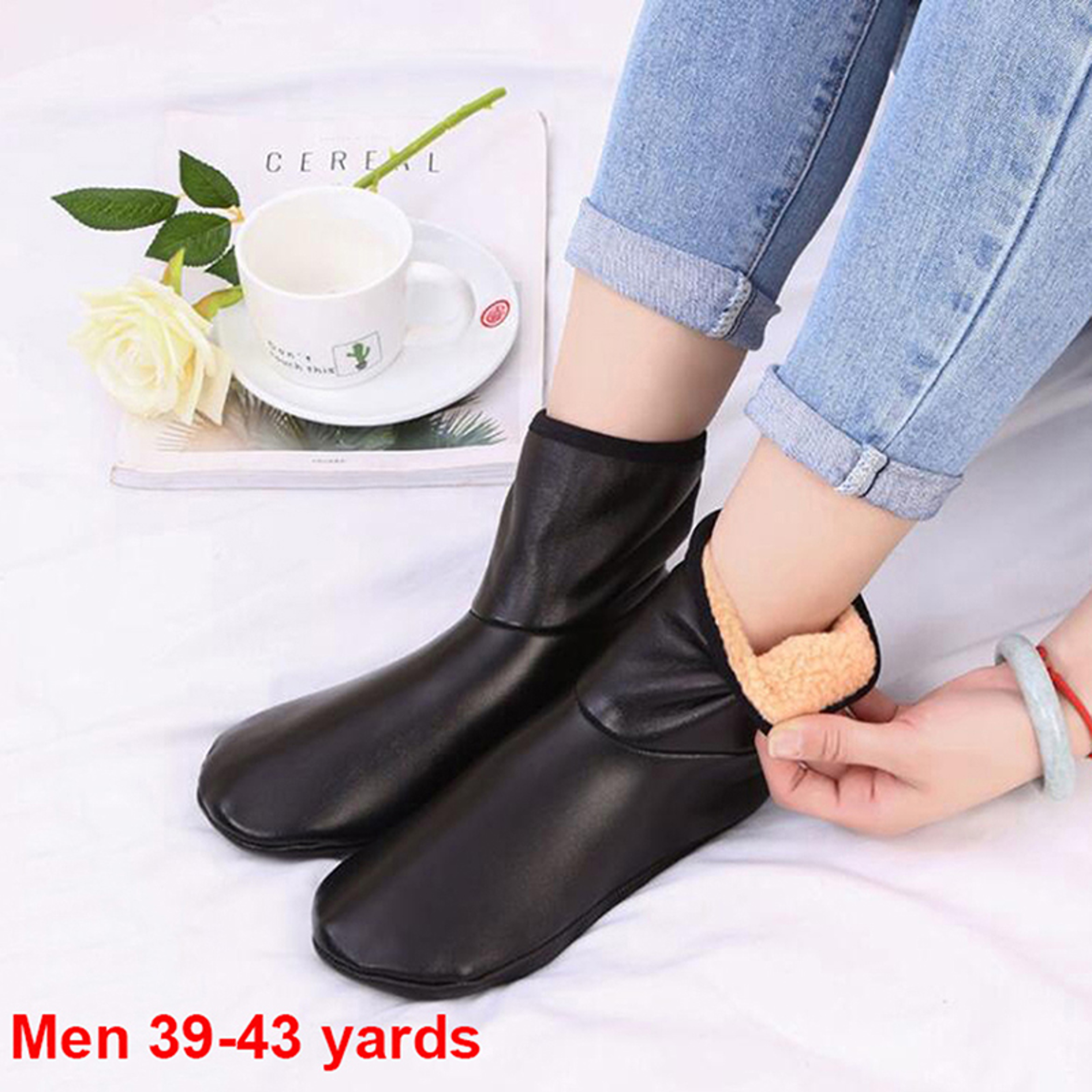 unisex winter thermal sock boots with pu leather non-slip soles