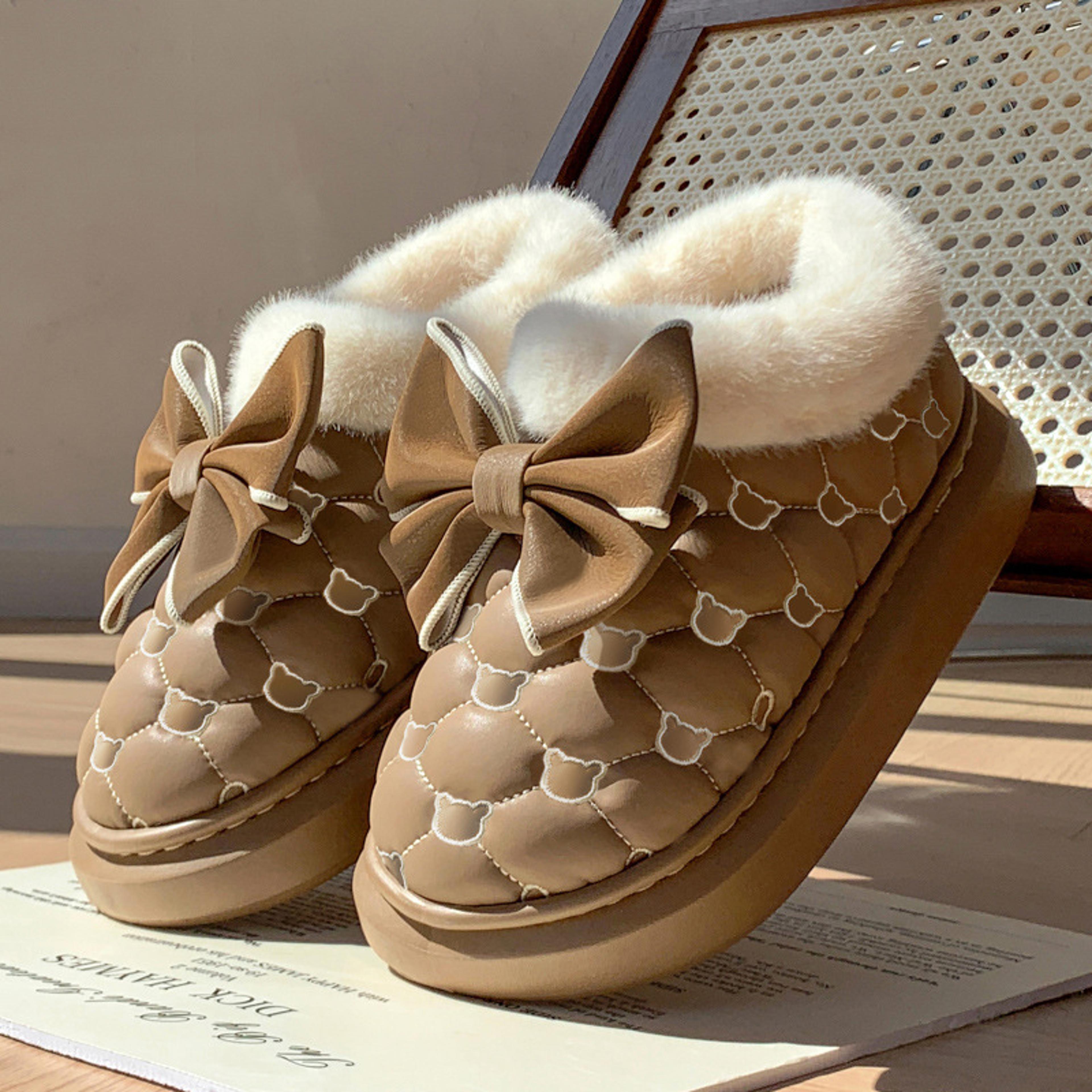 women's plush-lined ankle snow boots with bowknot and slip-on design