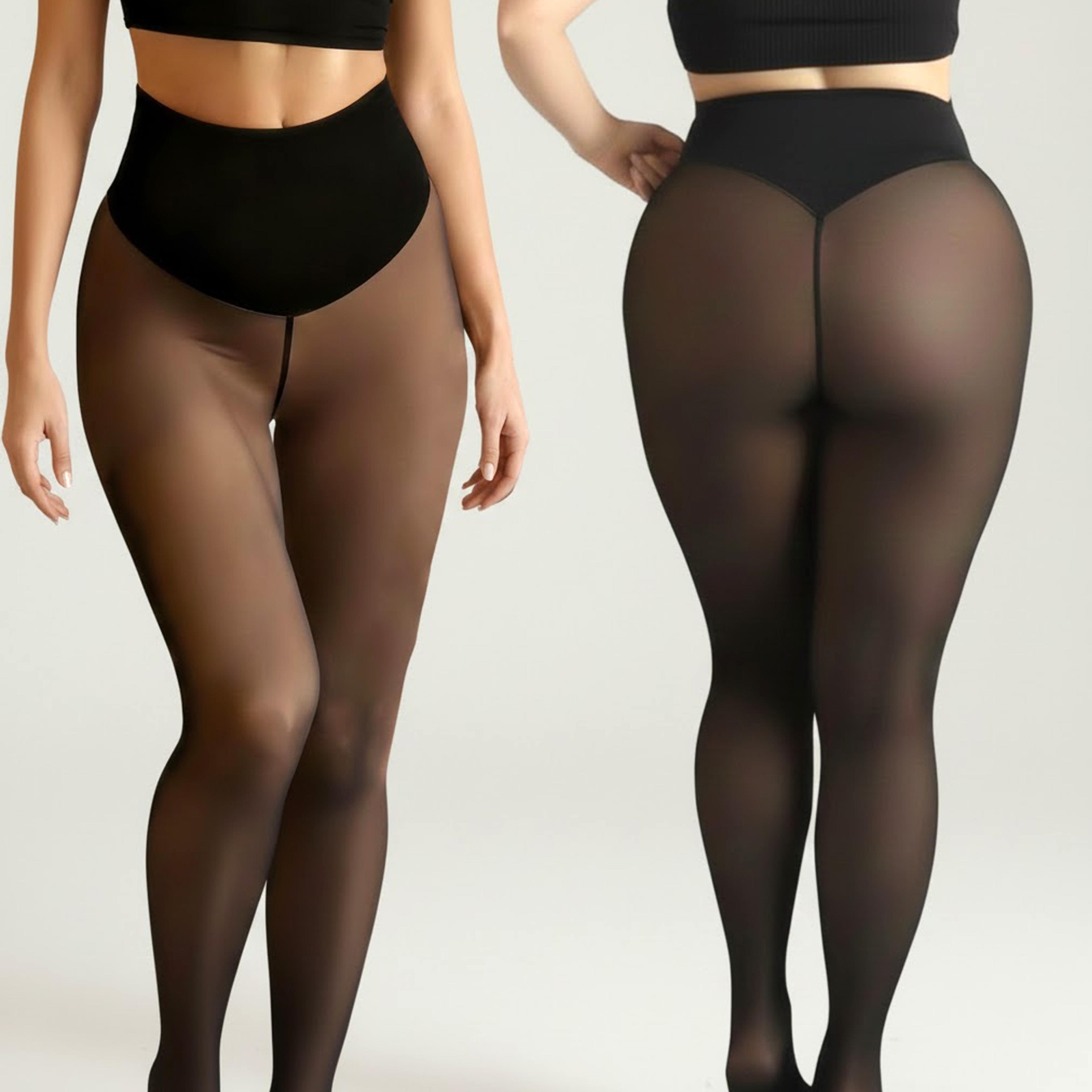 women's fleece lined sheer look leggings with tummy control waistband