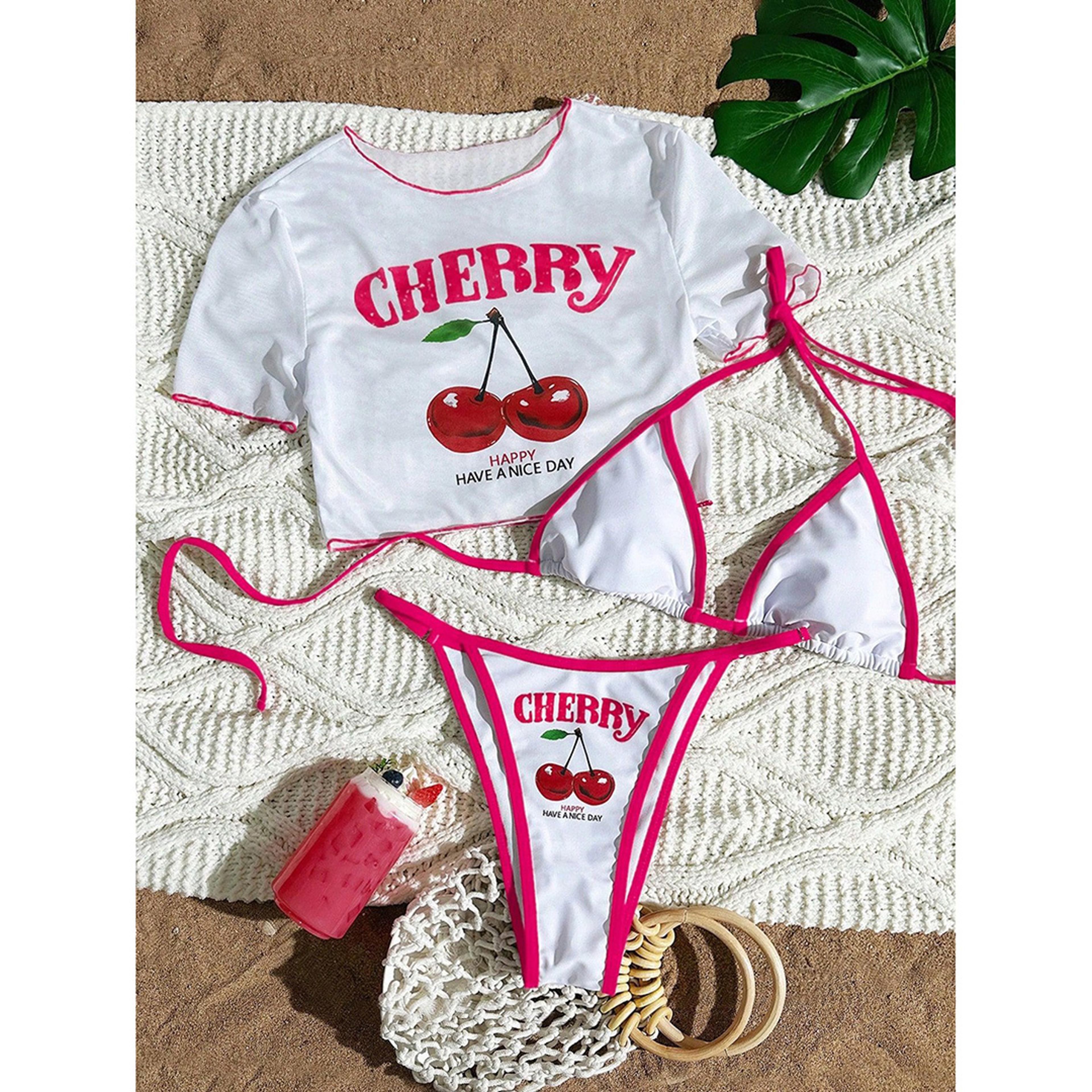 women's three-piece printed bikini set with short sleeve swim top