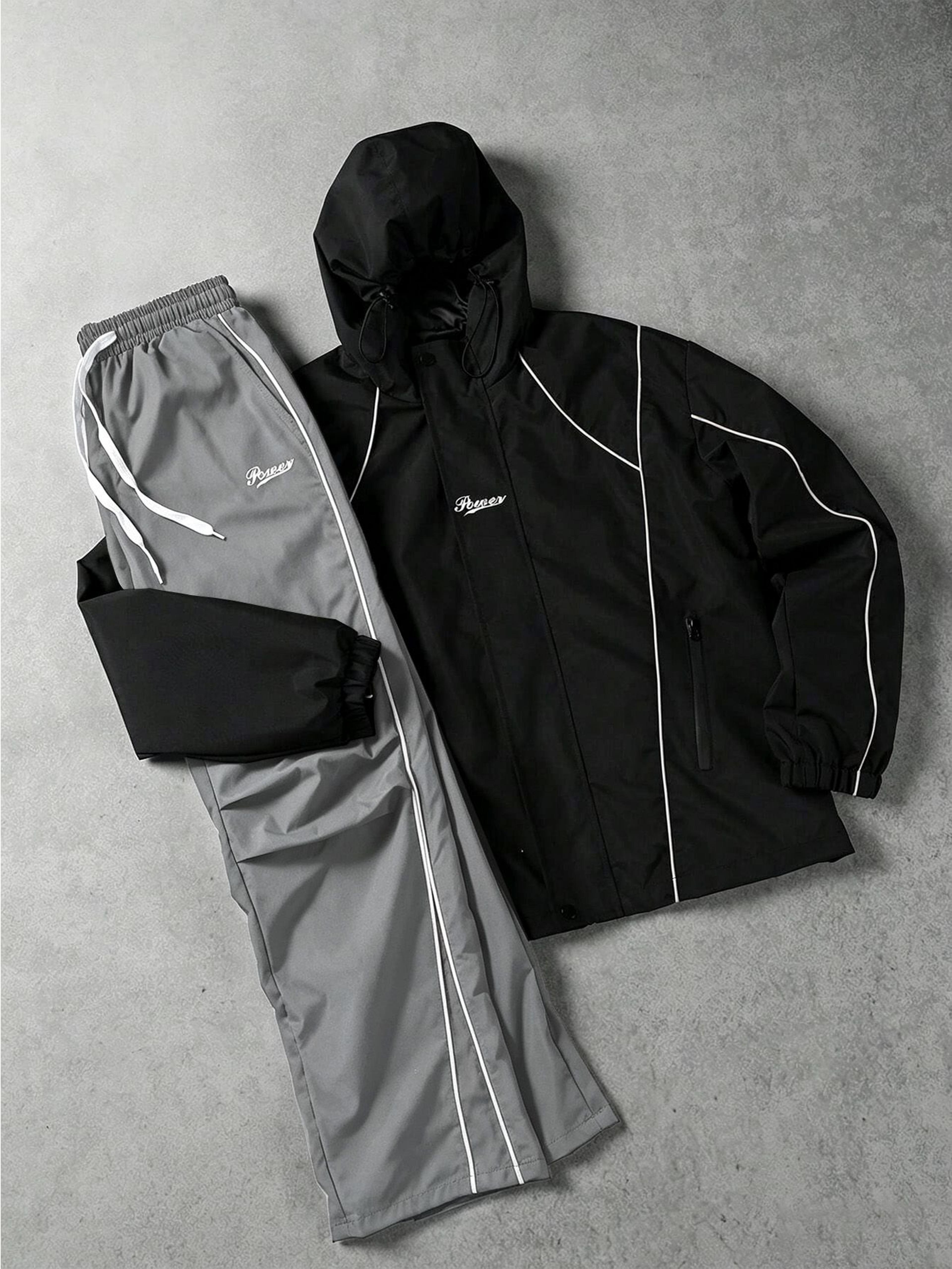 men's two-piece tracksuit with hooded zip-up jacket and wide-leg pants