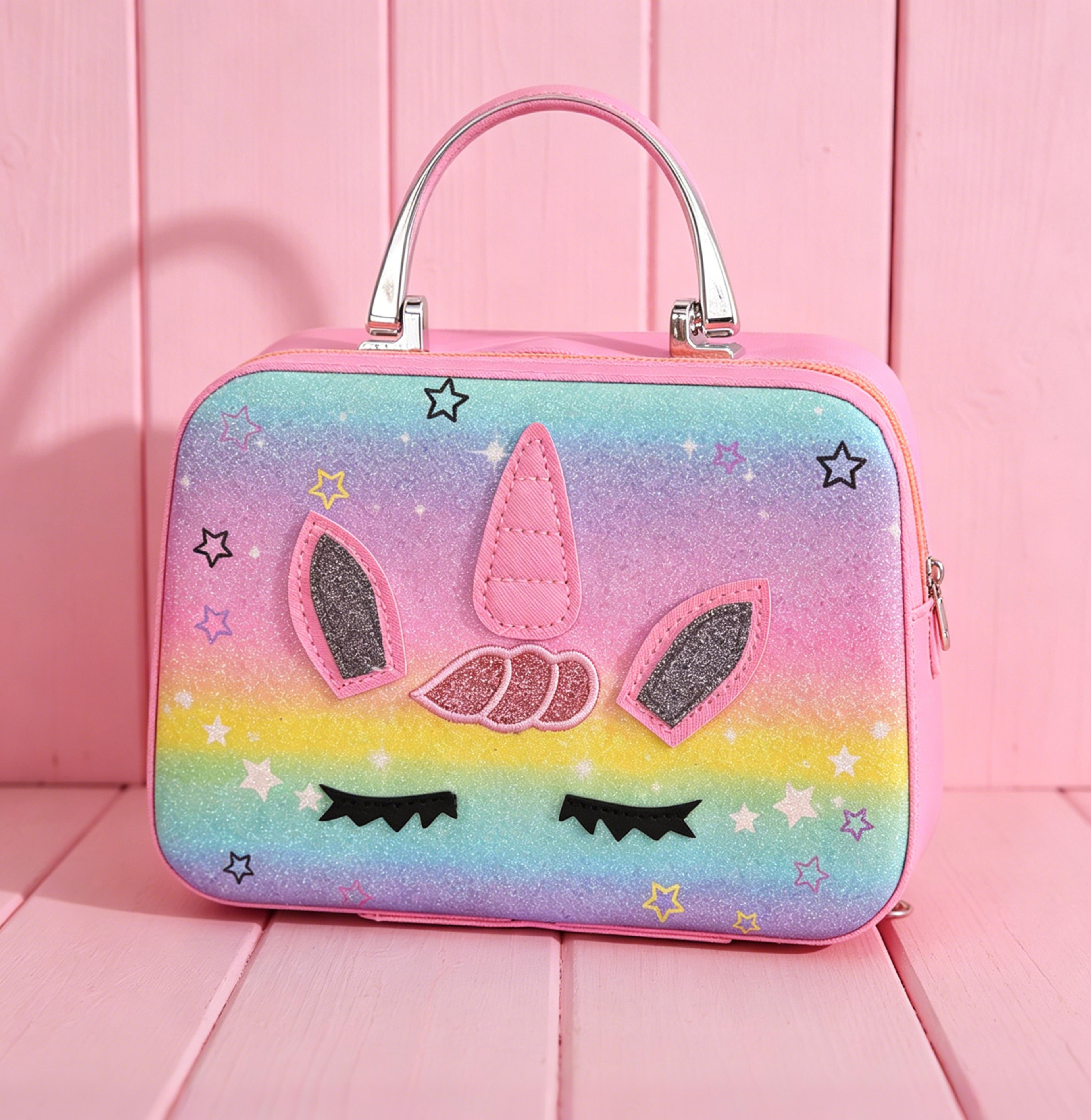 unicorn print cosmetic bag with multi-compartment makeup organizer