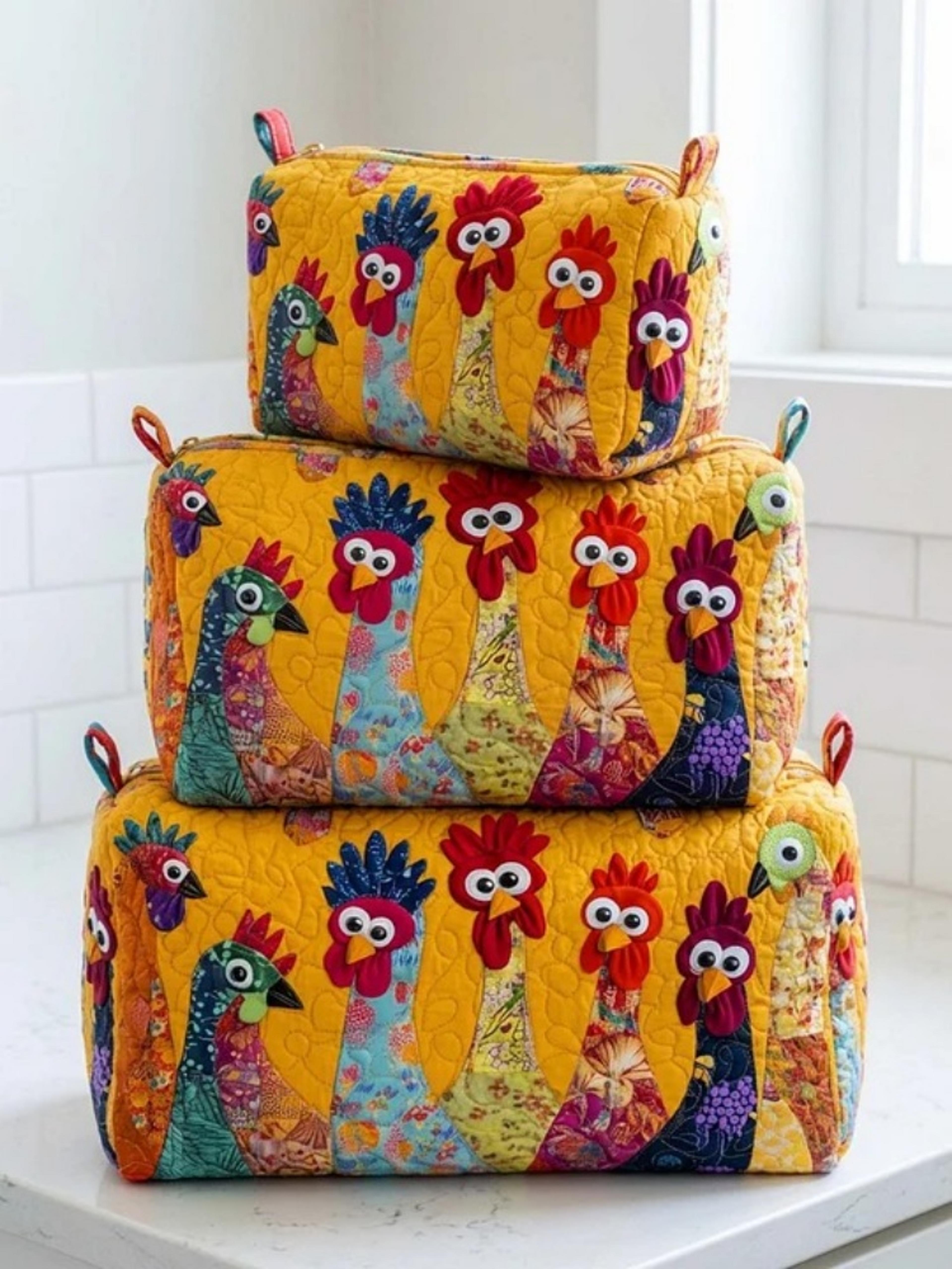 quilted cosmetic makeup bag with 3d animal and floral print in 3 sizes