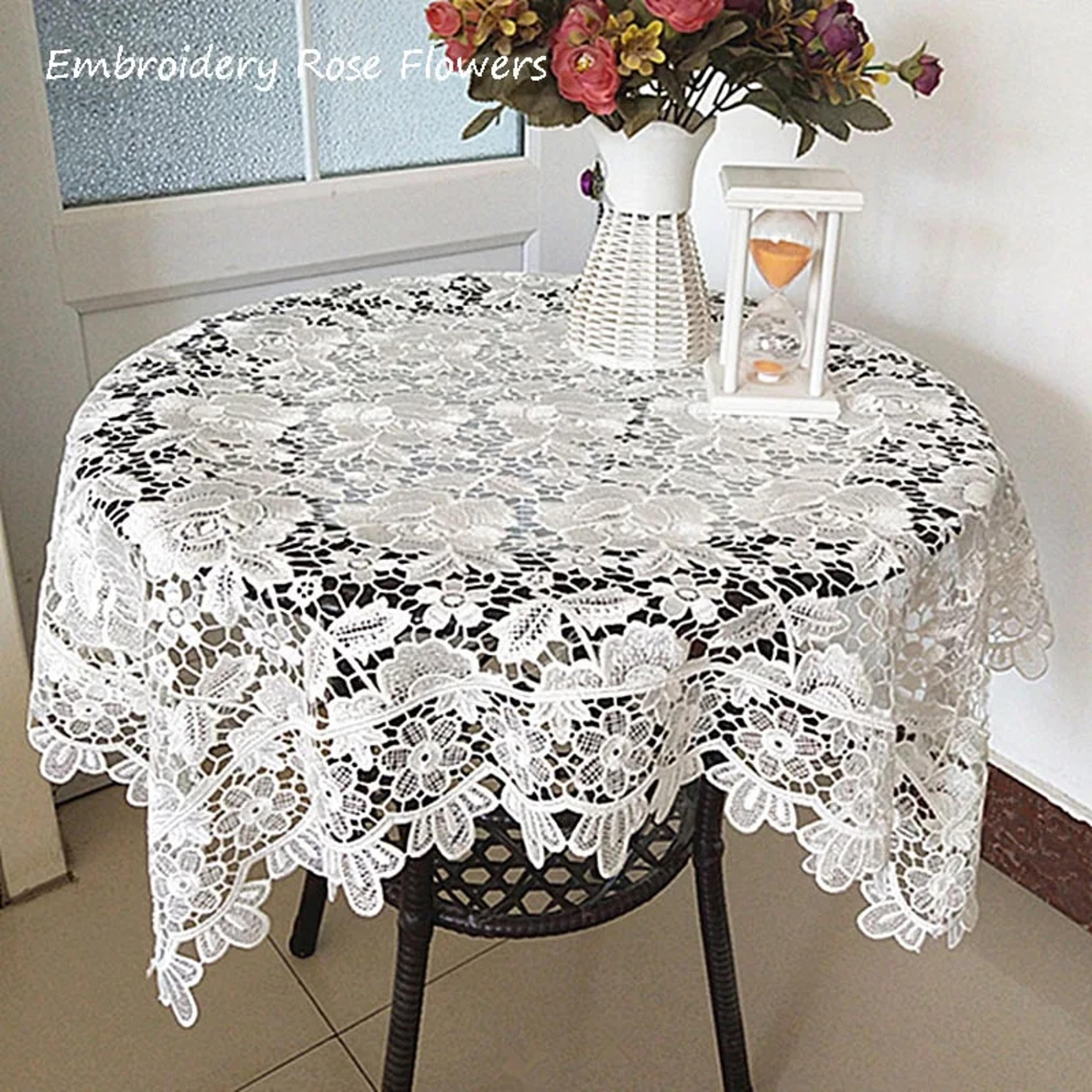 white rose flowers embroidery table cloth: wedding & home decor