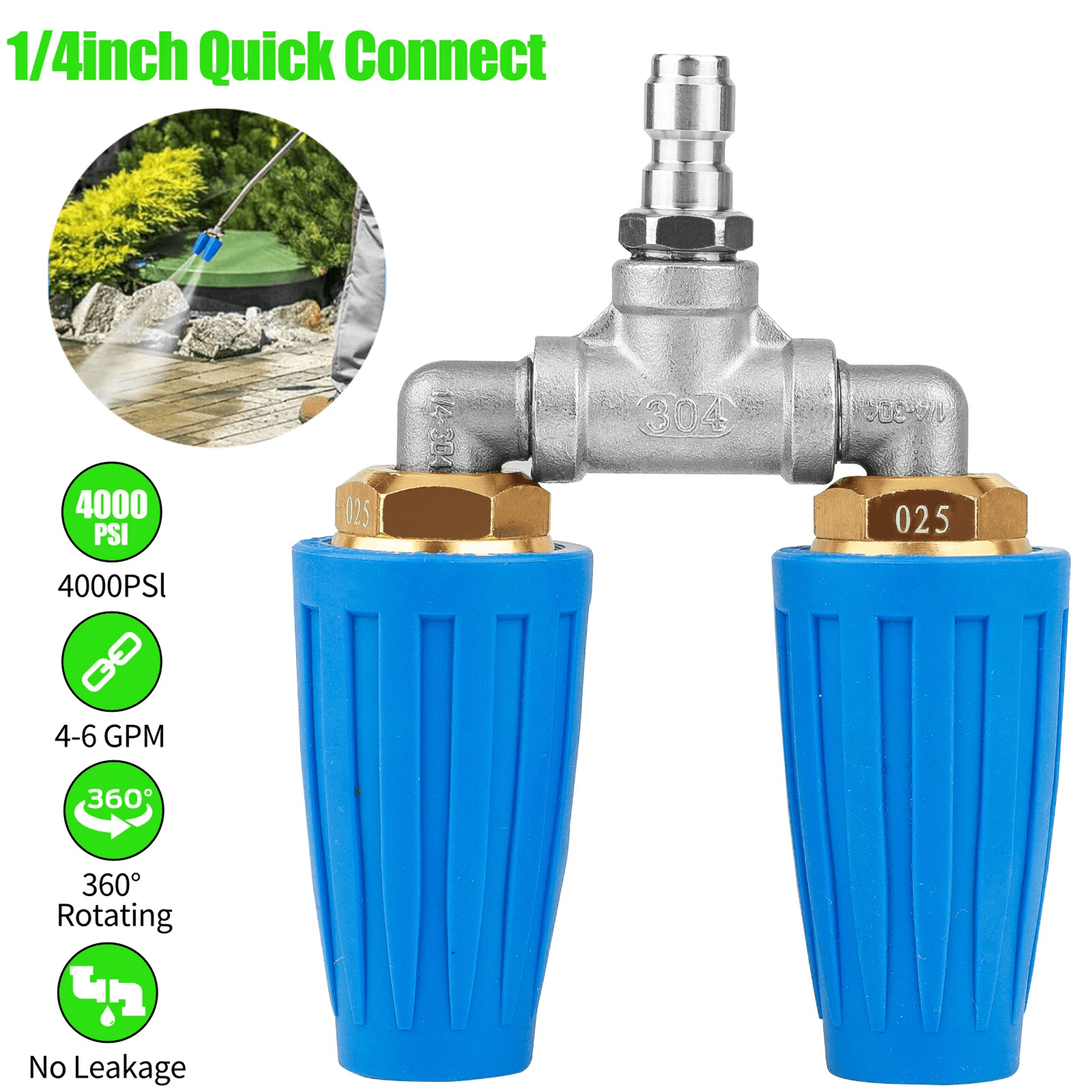 dual turbo nozzle for pressure washer, quick connect rotating spray tip, 4000 psi high power cleaning tool