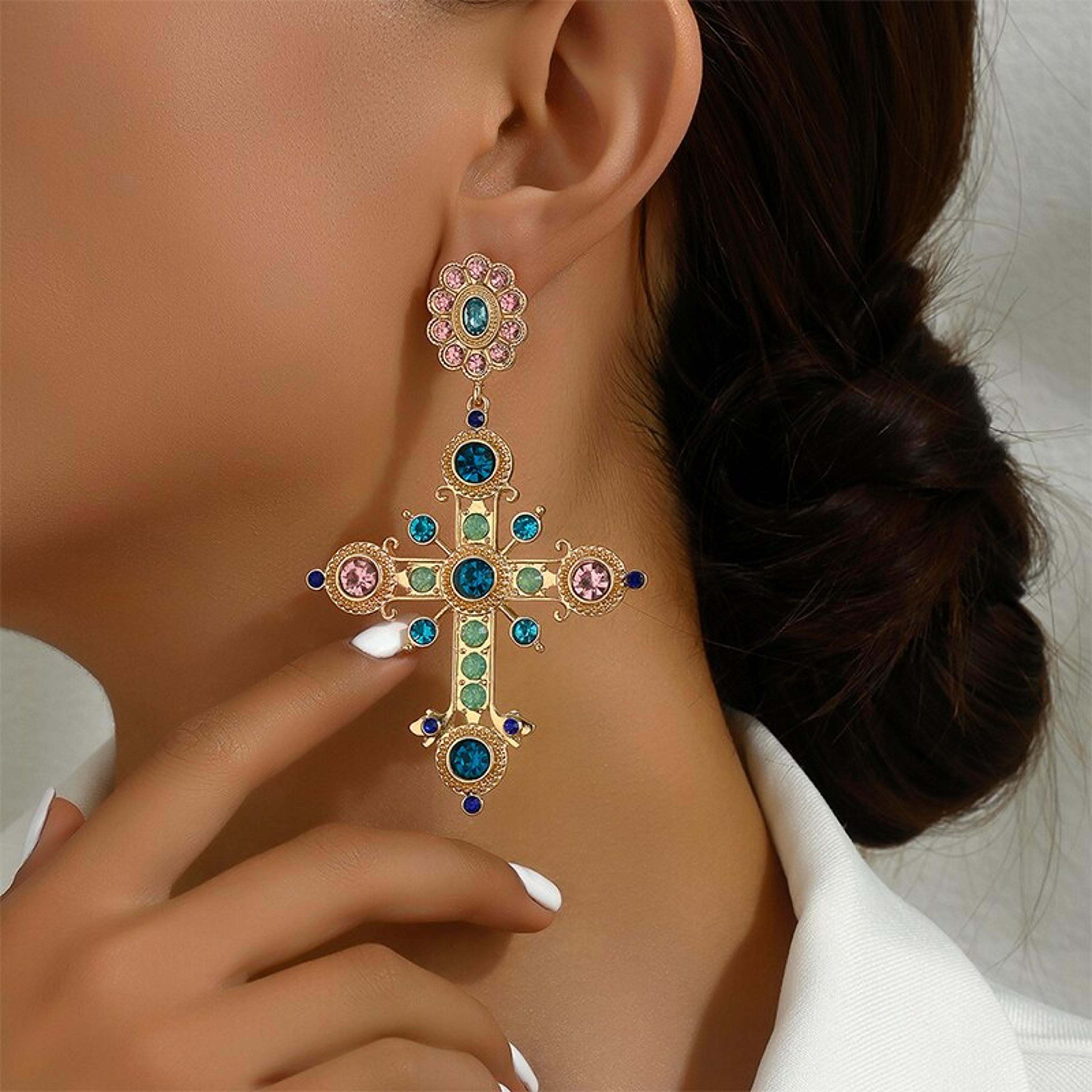 gothic byzantine style earrings, art large long earrings woman's, vintage cross dangle stud, exquisite jewelry gift