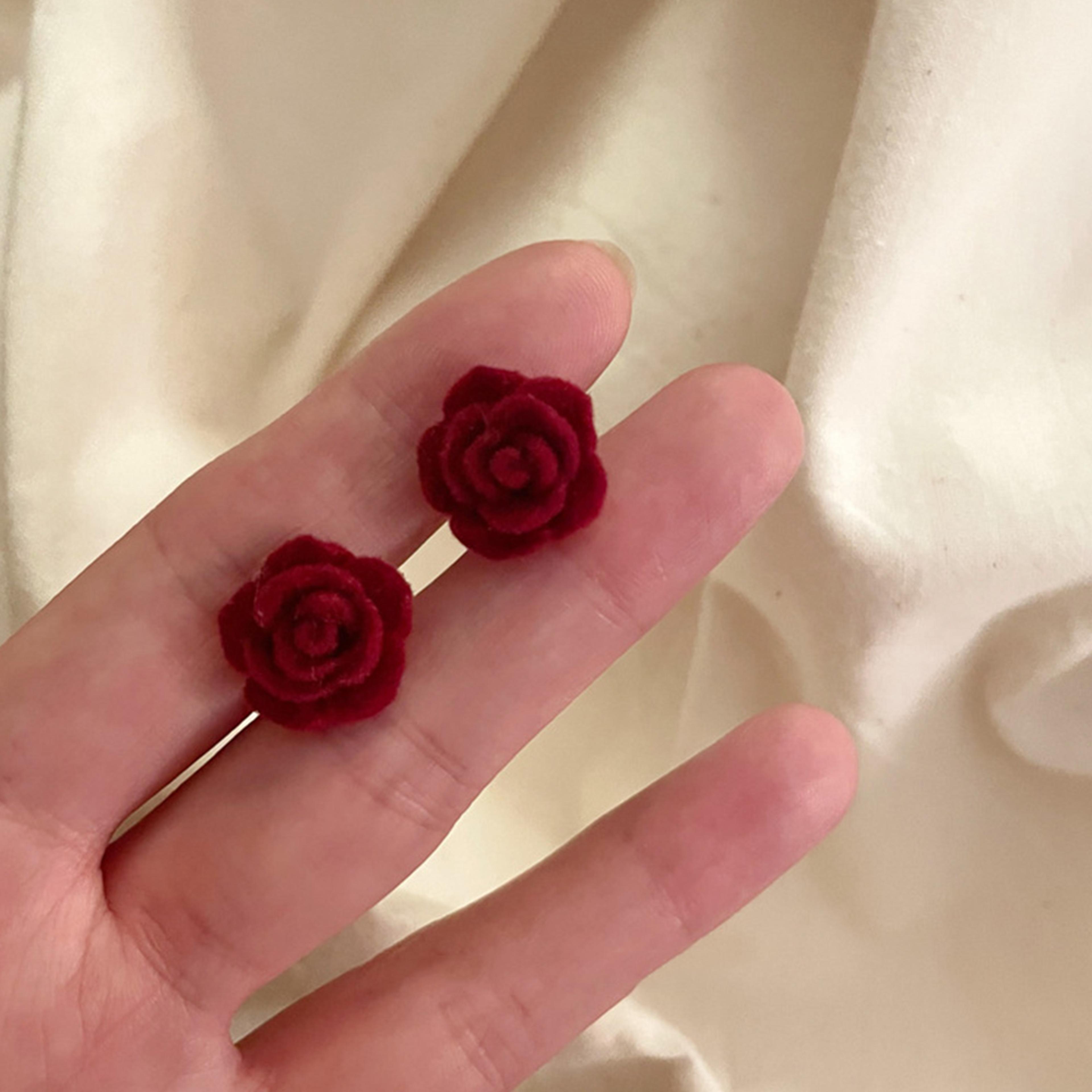 wine red flower earring elegant, simple vintage flocked rose stud earrings for women, silver needle christmas jewelry