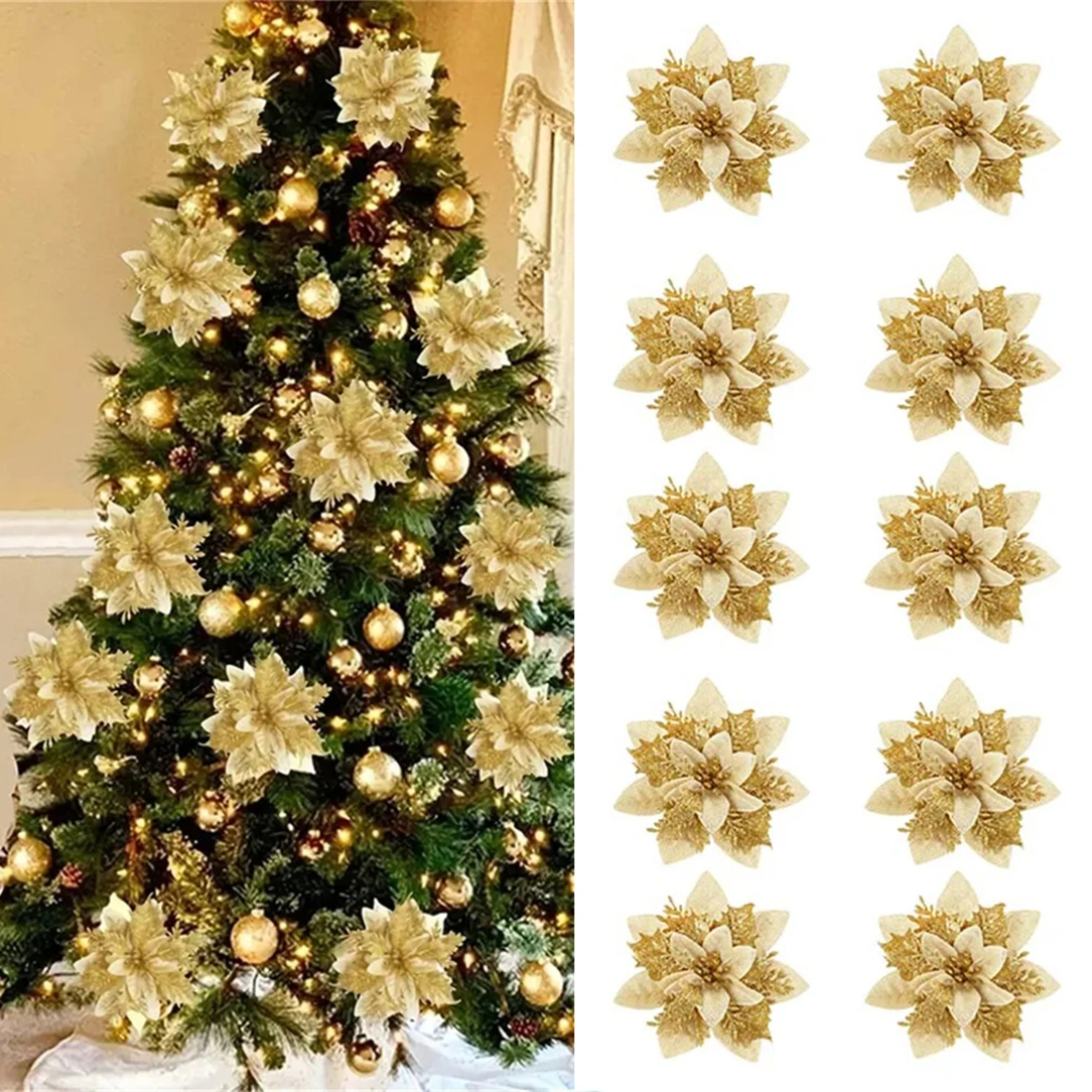 glitter christmas flower decorations, artificial poinsettia, pink red gold tree ornaments