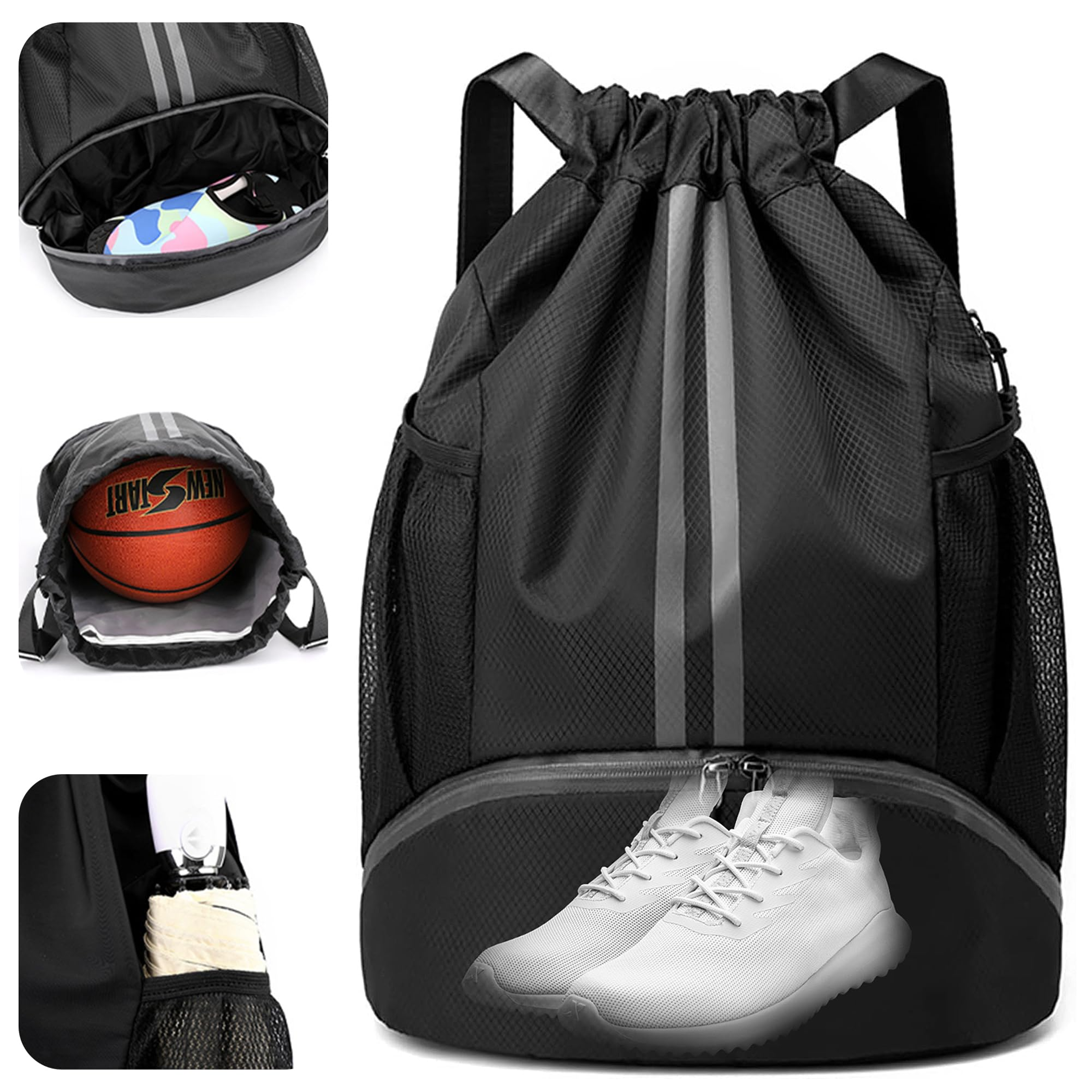 waterproof drawstring gym backpack with wet dry compartment for swimming basketball & fitness