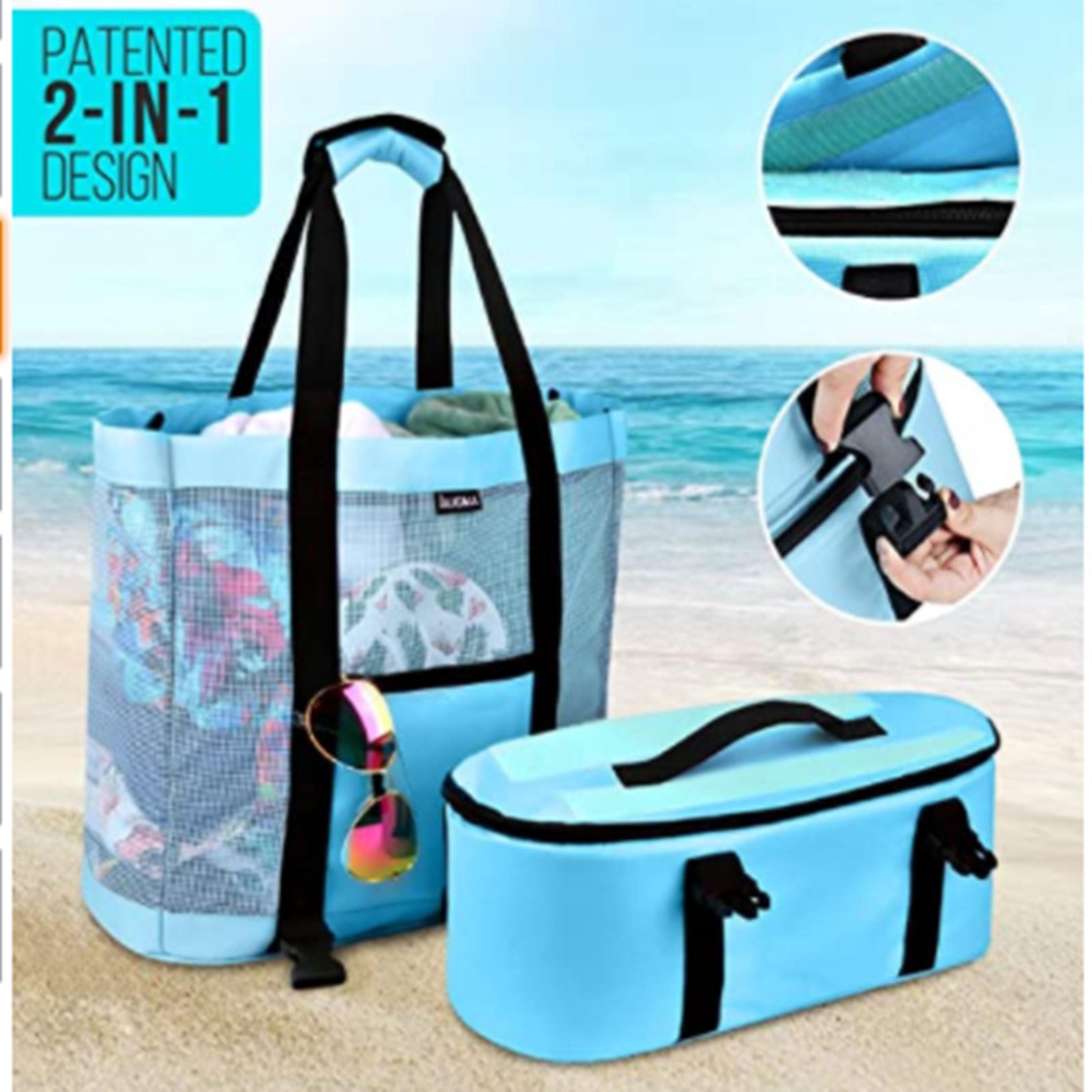 large capacity mesh beach bag with insulated double layer transparent tote