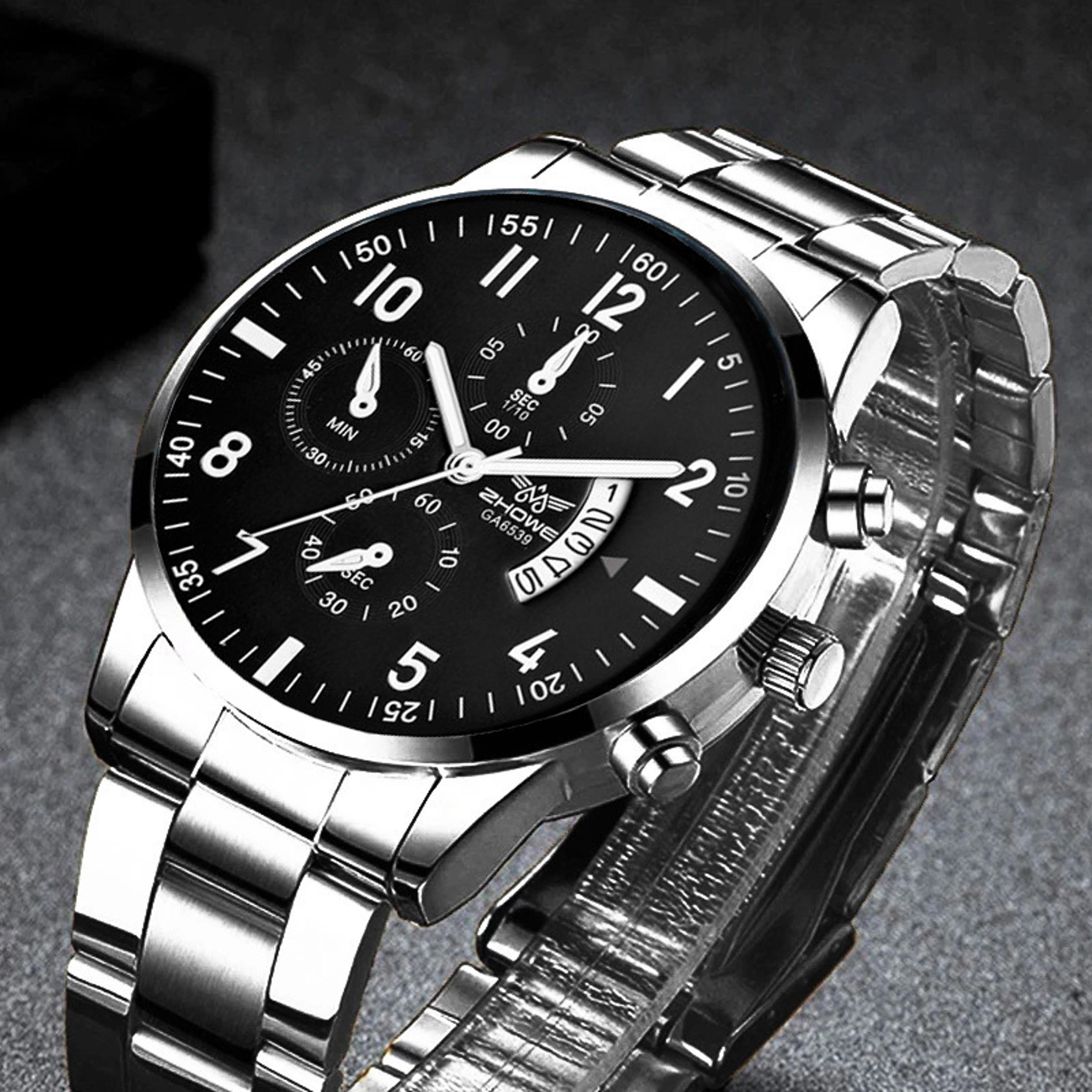 luxury mens quartz watch with calendar stainless steel business wristwatch